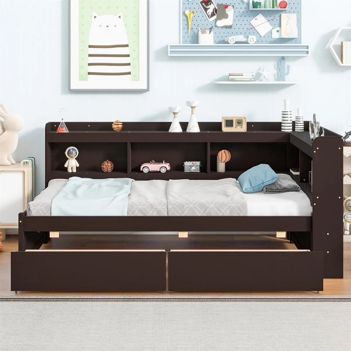 Kids Twin Bed with L-shaped Bookcases and 2 Large Drawers, Espresso