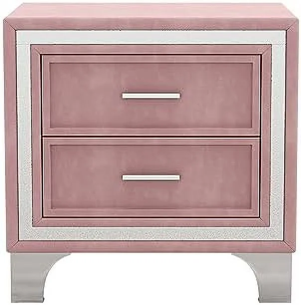 RUNFAYBIU Velvet Nightstand with 2 Drawers End Table with Small Dresser Bedside Table Night Stand with Metal Legs for Bedroom Living Room College Dorm - Pink