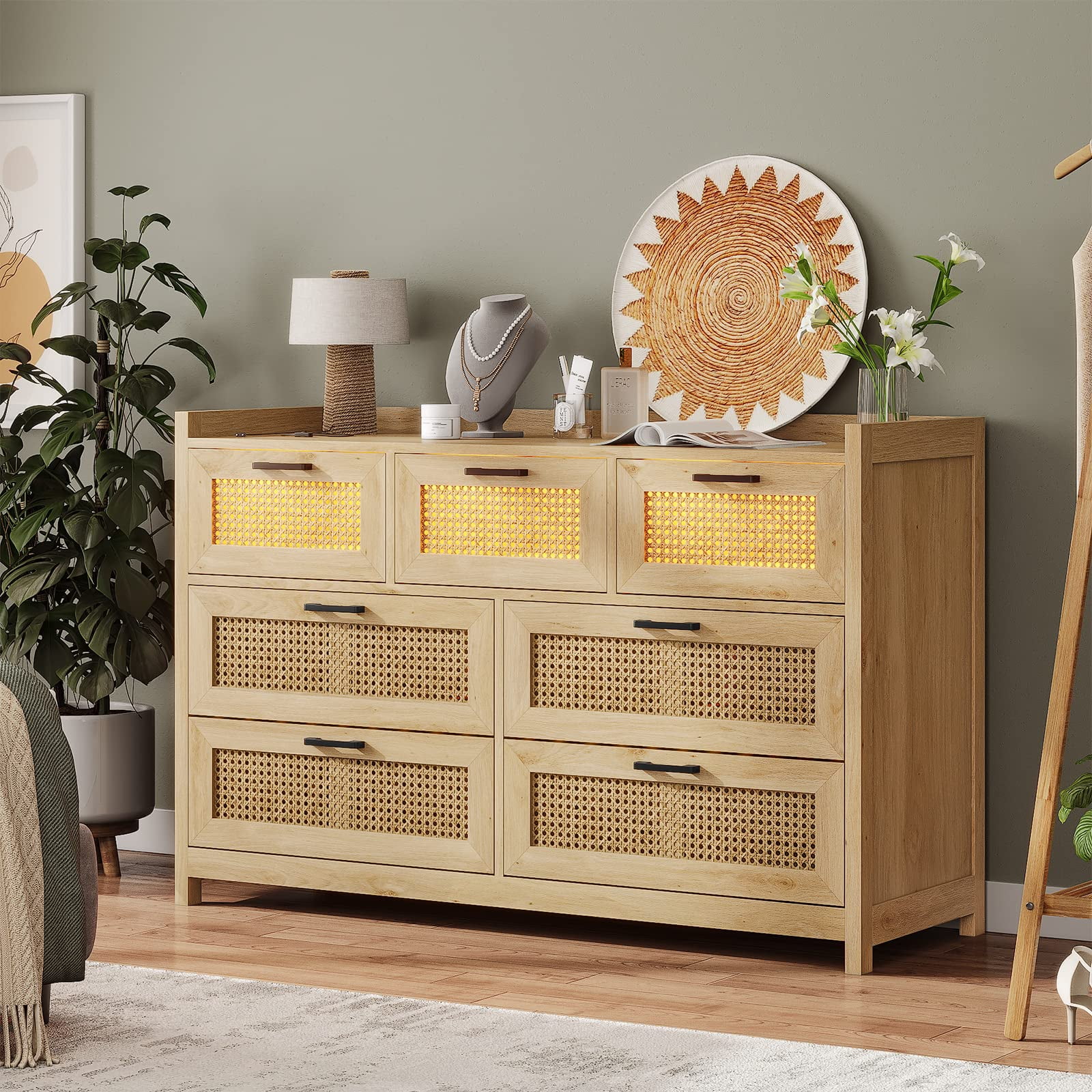 EPHEX LED Rattan Drawer Dresser for Bedroom, 7 Drawer Dresser for Bedroom, Closet, Hallway