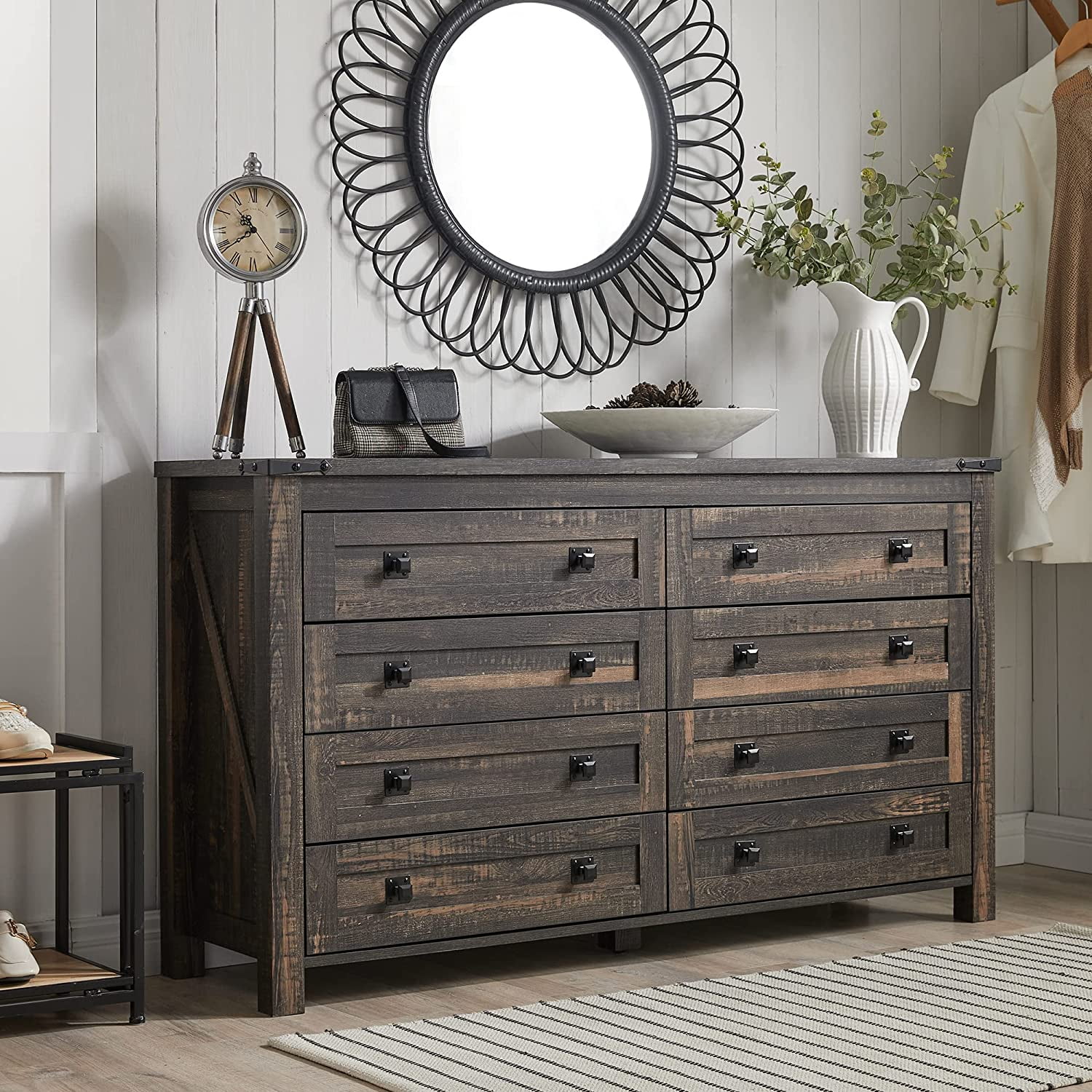 Popular Farmhouse 7 Drawers Dresser for Bedroom Wood Rustic Dresser Tv Stand Storage Dressers Organizer for Bedroom Living Room Hallway Dark Rustic Oak