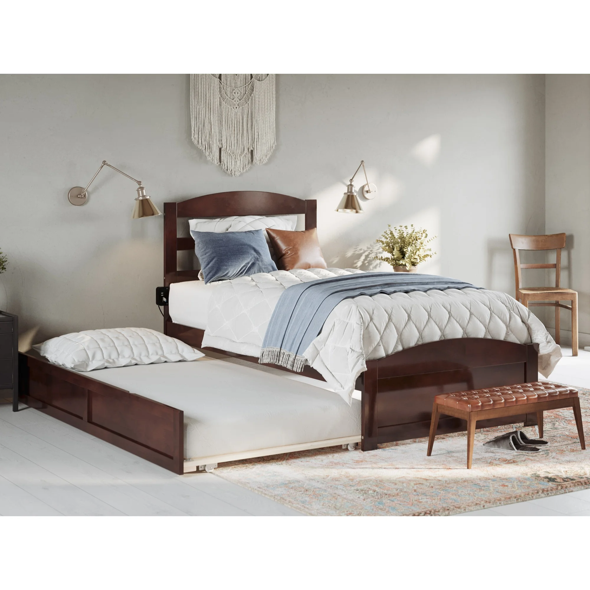 AFI Warren Solid Wood Twin Bed w/ Footboard & Twin Trundle in Walnut