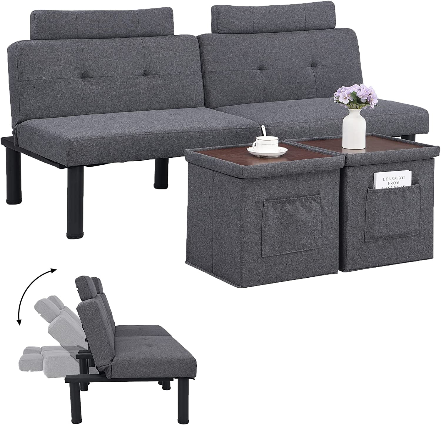 IPKIG Linen Fabric Convertible Sleeper Sofa Bed Futon Sofa Couch with Folding Recliner and Ottoman(Gray)