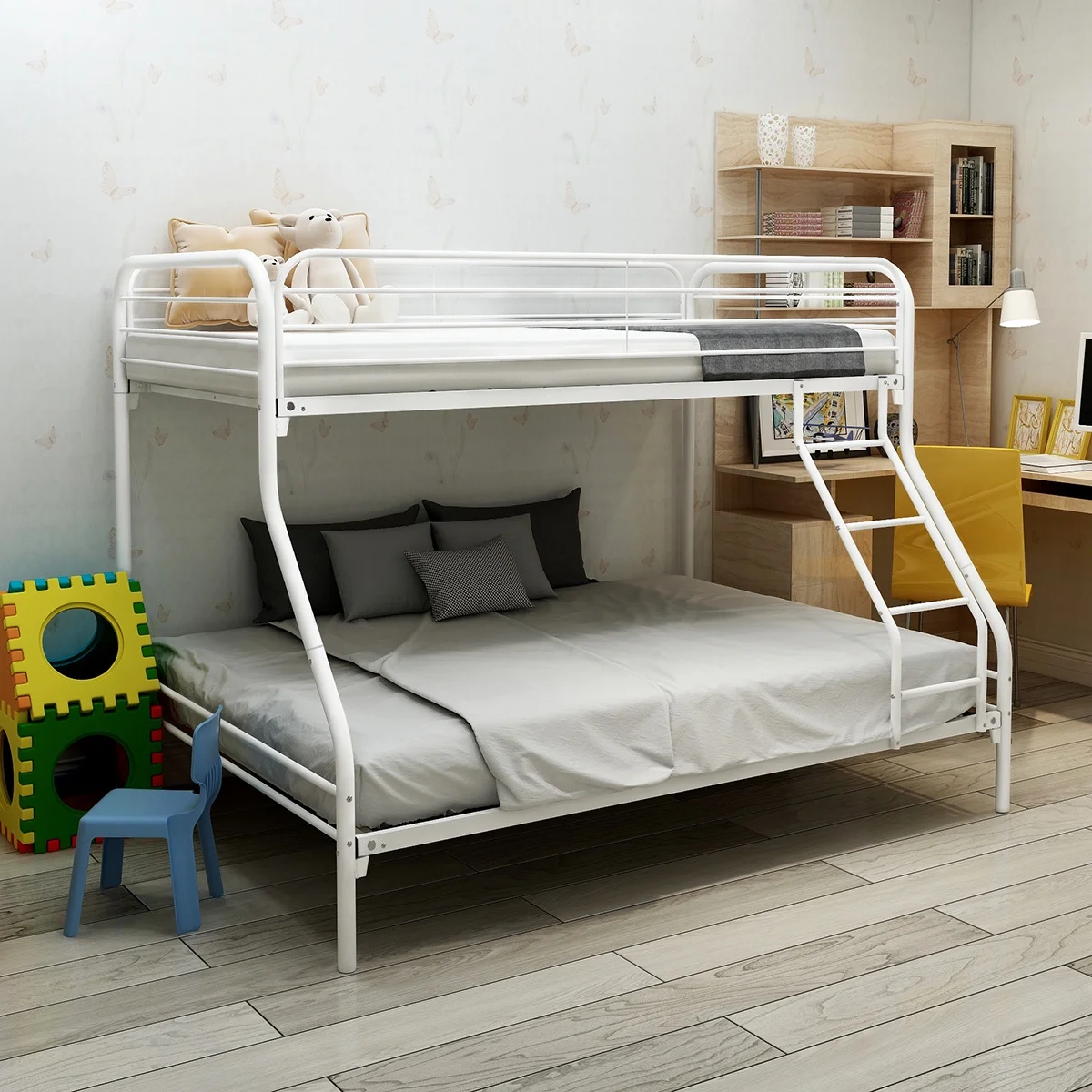 Licperron Twin-Over-Full Metal Bunk Bed with Secured Ladders, White