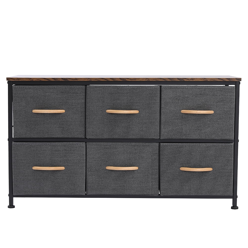 Kmowoo 3-Tier Wide Drawer Dresser, Storage Unit with 6 Easy Pull Fabric Drawers and Metal Frame, Wooden Tabletop for Closets, Nursery, Dorm Room, Hallway,Gray