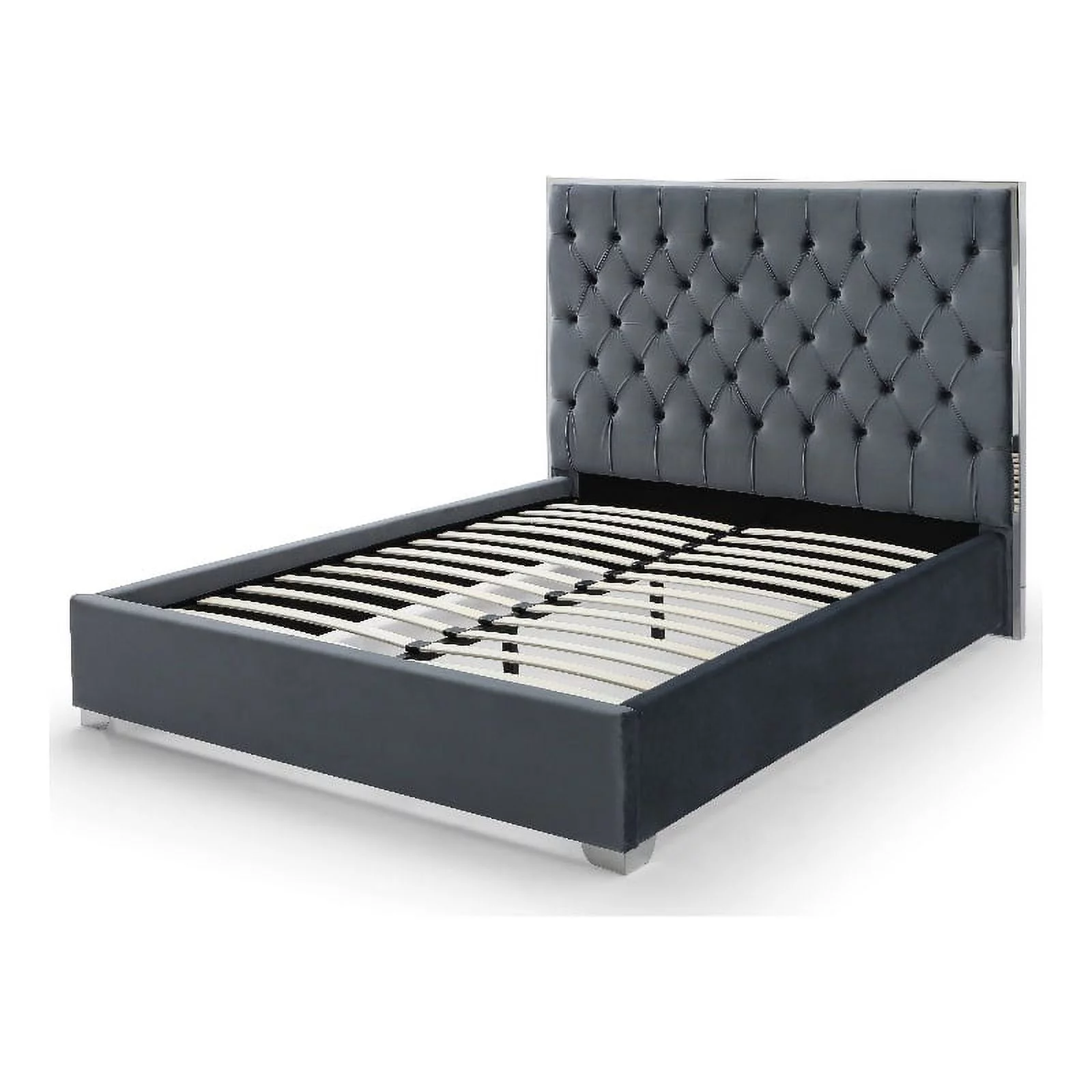 Better Home Products Sophia Velvet Queen Bed with Silver Metal Frame in Gray