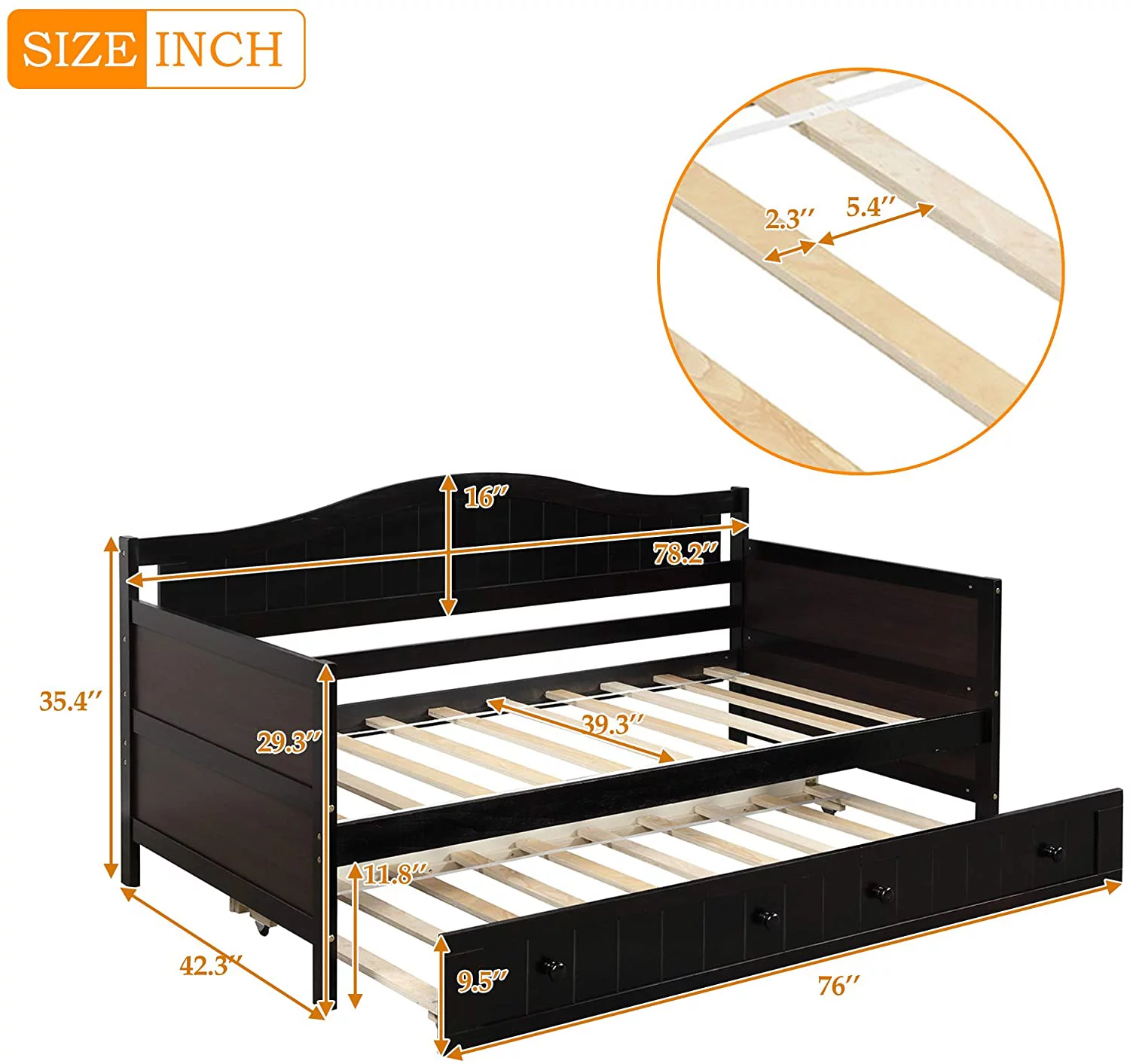 Wood Daybed With Trundle, Size Sofa Bed Frame, Modern Style Captain Bed With Headboard And Footboard For Bedroom Living Room (Espresso Trundle Daybed)