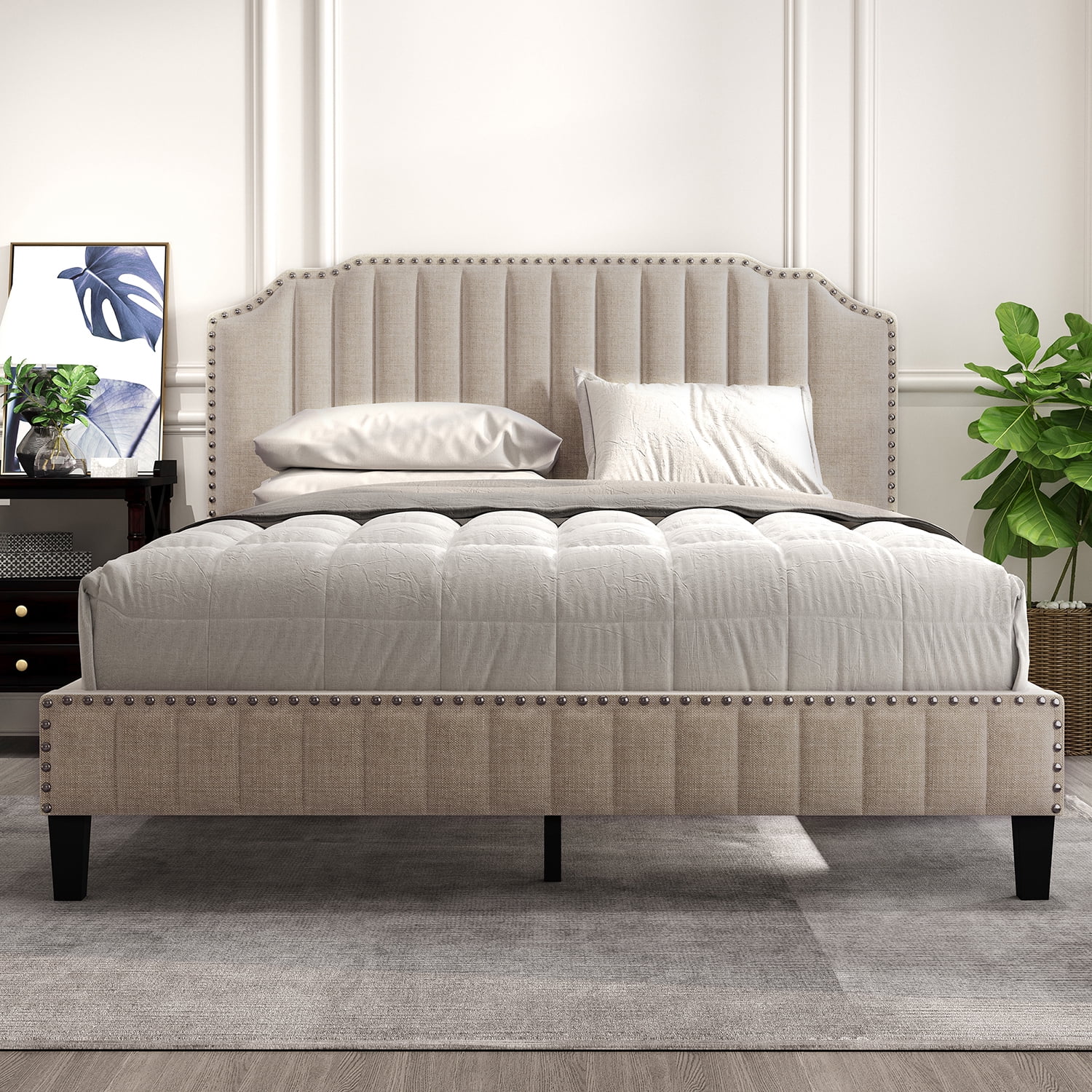 Royard Oaktree Queen Size Platform Bed Frame with Linen Tufted Curved Headboard Linen Upholstered Bed with Solid Wood Frame and Slats, Nailhead Trim, No Box Spring Needed, Beige