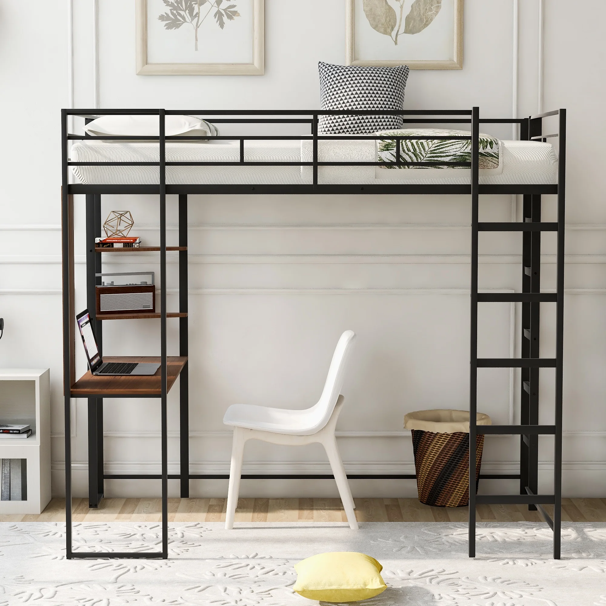 iRerts Twin Loft Bed, Twin Metal Loft Bed with 2 Shelves and 1 Desk, Twin Size Loft Bed with Safety Guardrail, Modern Twin Loft Bed Frame for Dorm Bedroom Guest Room, No Box Spring Needed, Black