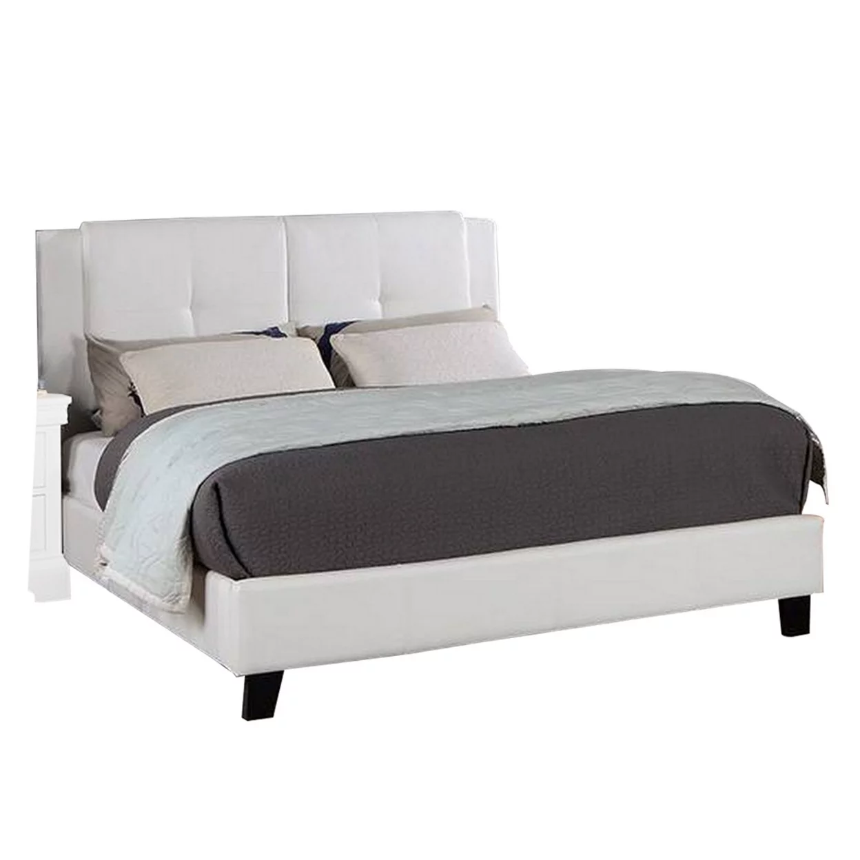 Amy Queen Size Platform Bed Vegan Faux Leather Upholstery White- Saltoro Sherpi