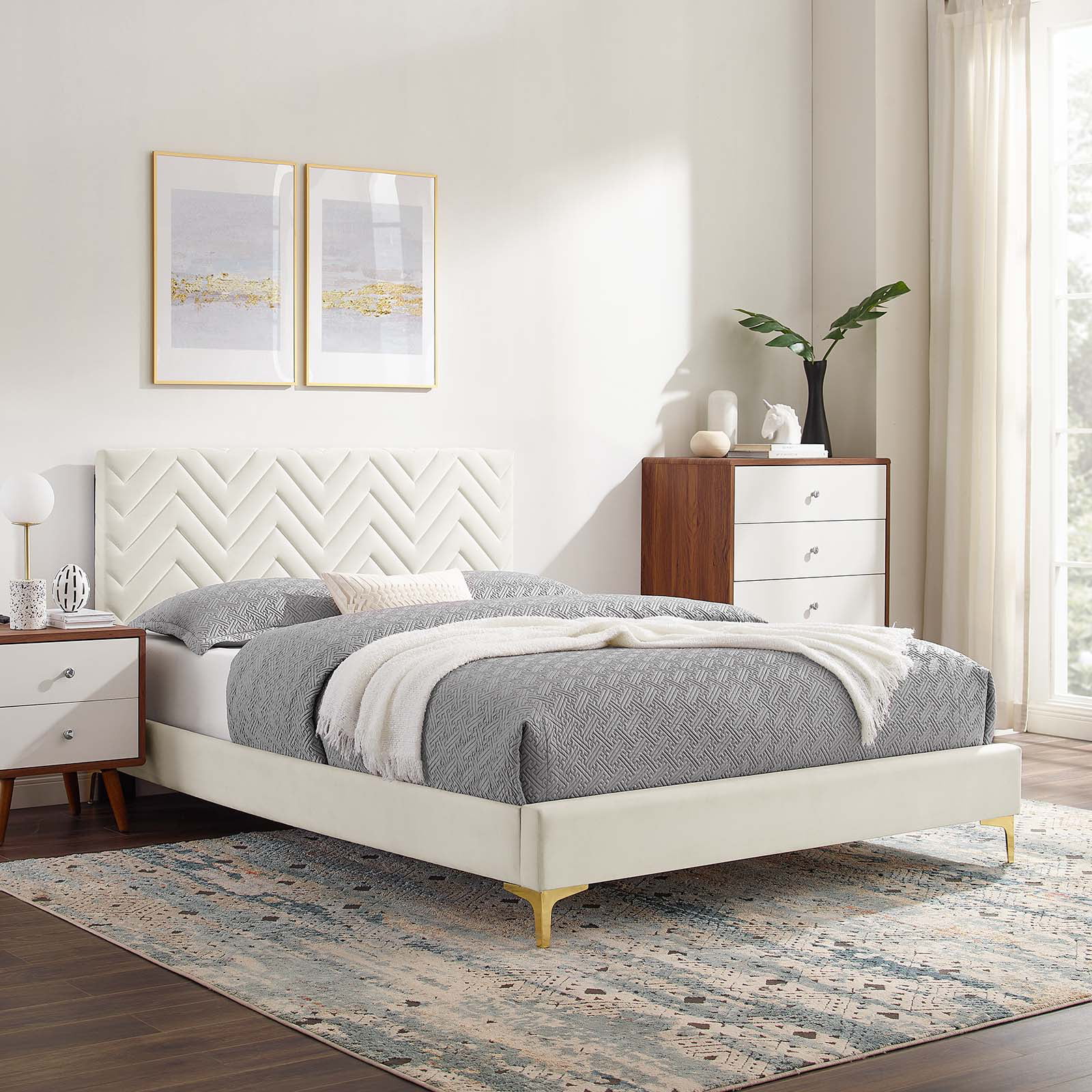 Modway Leah Chevron Tufted Performance Velvet Twin Platform Bed in White