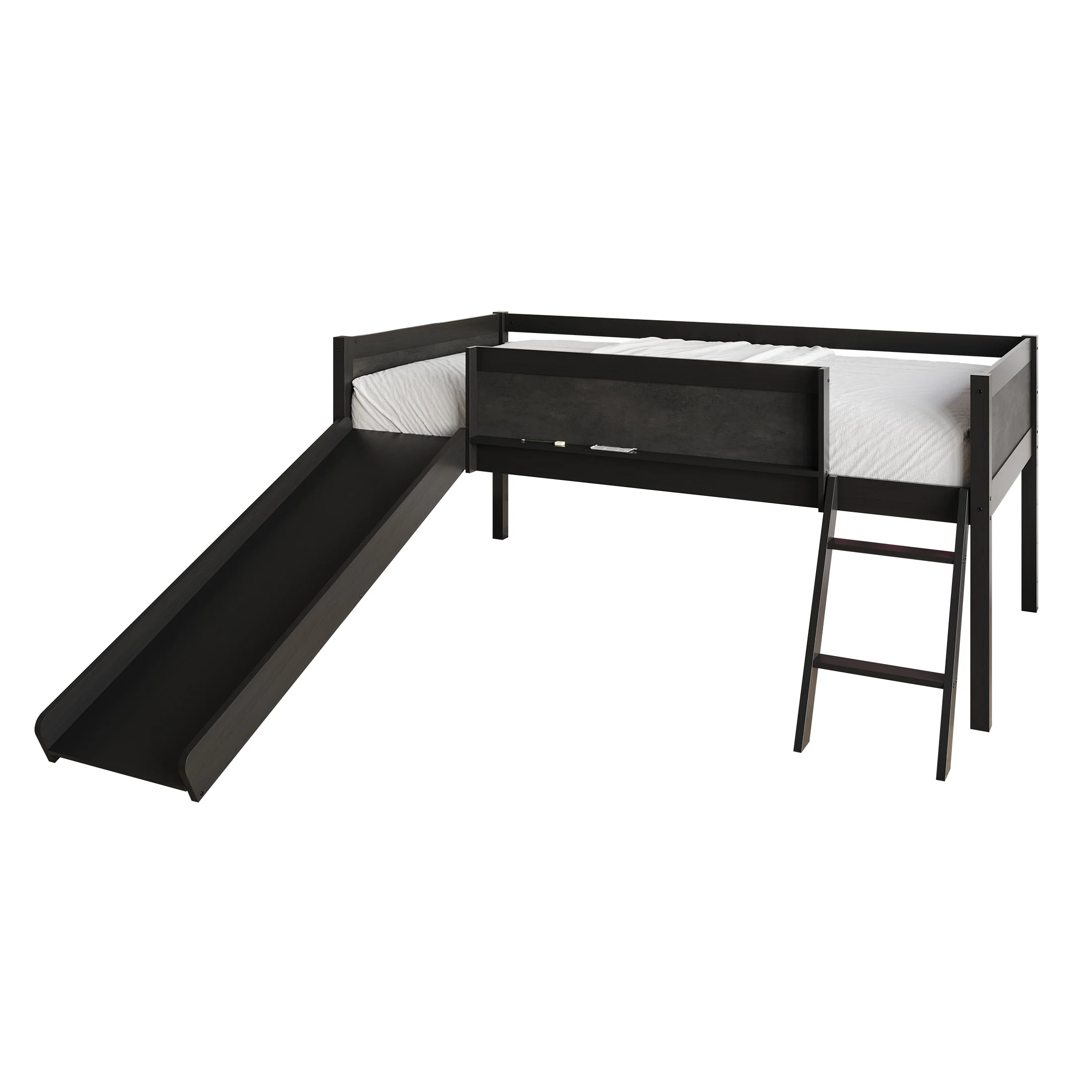 Castle Place Wooden Twin Junior Loft Bed with Chalkboard and Slide, Black