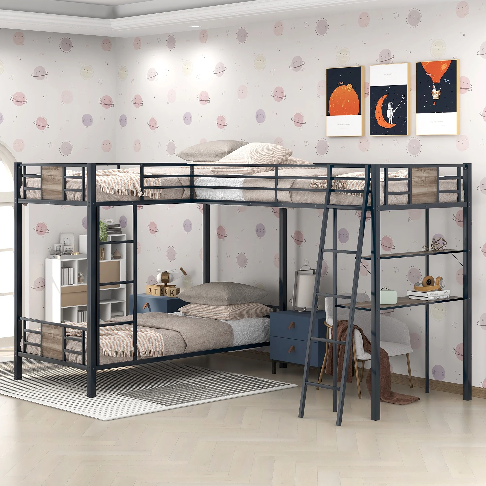 Dawn Whisper L-Shaped Twin over Twin Bunk Bed with Twin Size Loft Bed with Desk and Shelf, Brown