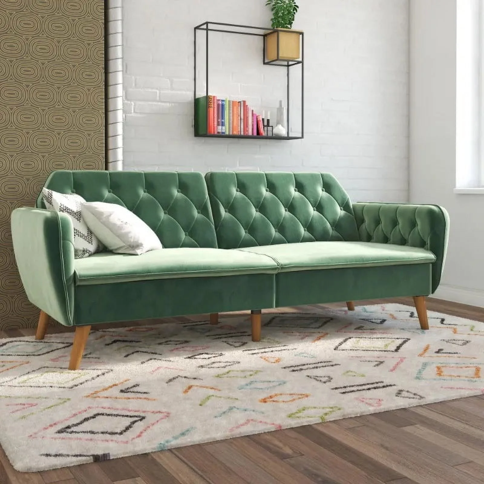 Novogratz Tallulah Memory Foam Futon and Sofa Bed, Light Green Velvet living room furniture minimalist sofa
