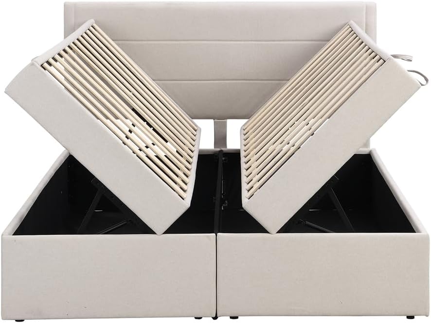 Upholstered Platform Bed Queen Size,with Cotton and Linen Fabric Headboard and Storage Underneath