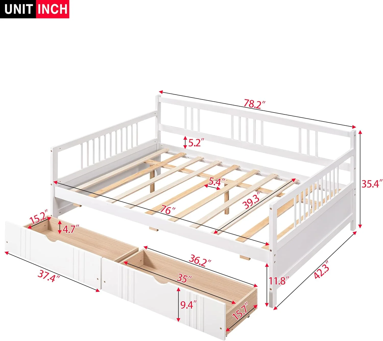 Size Daybed Wih 2 Drawers, Wood Daybed Wih Sorage, Dual-Use Surdy Bed Frame For Livig Room,Gues Room,Childre Room, o Box Sprig eeded(, Whie)