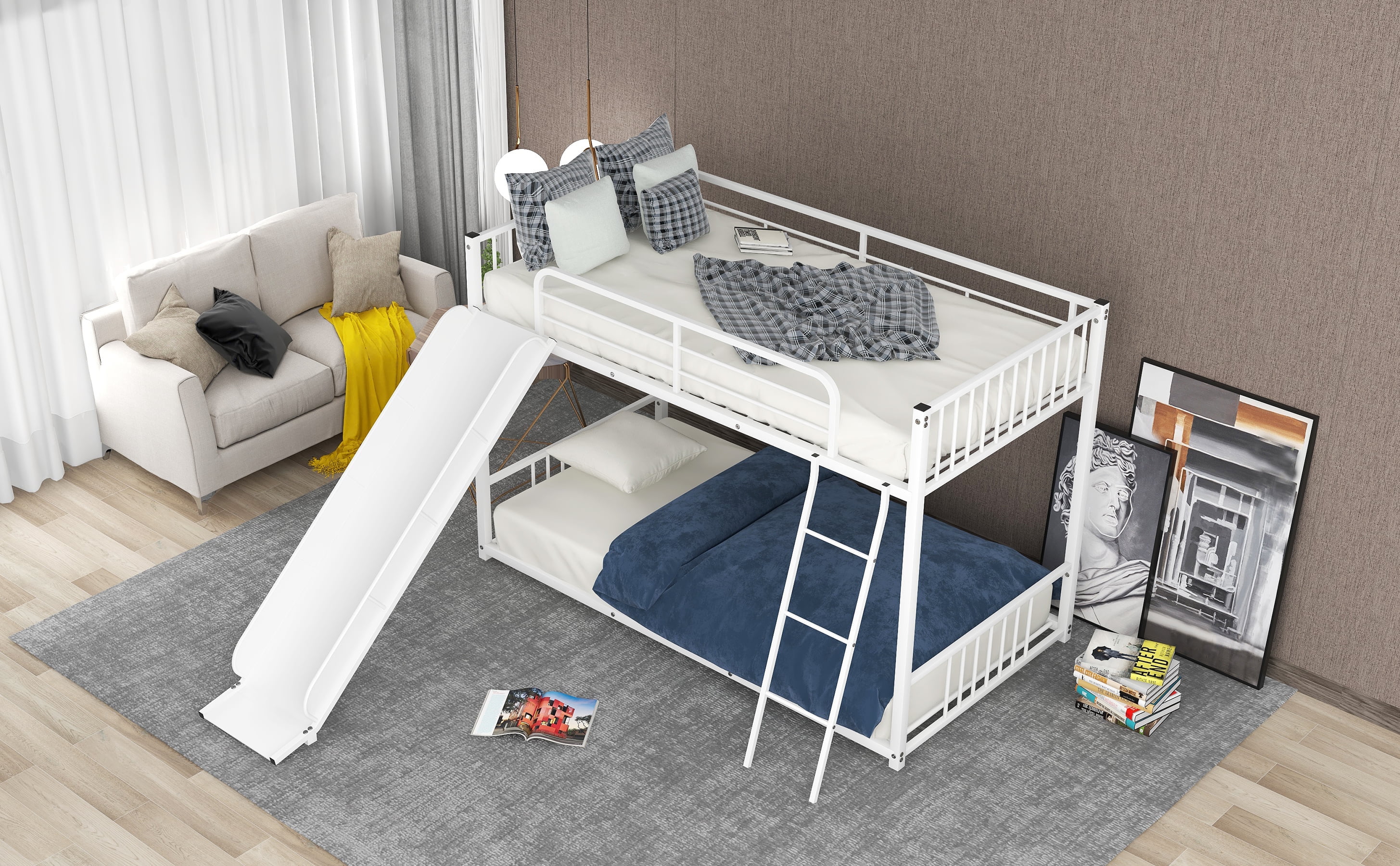 Dcenta Metal Bunk Bed with Slide, Twin over Twin, White