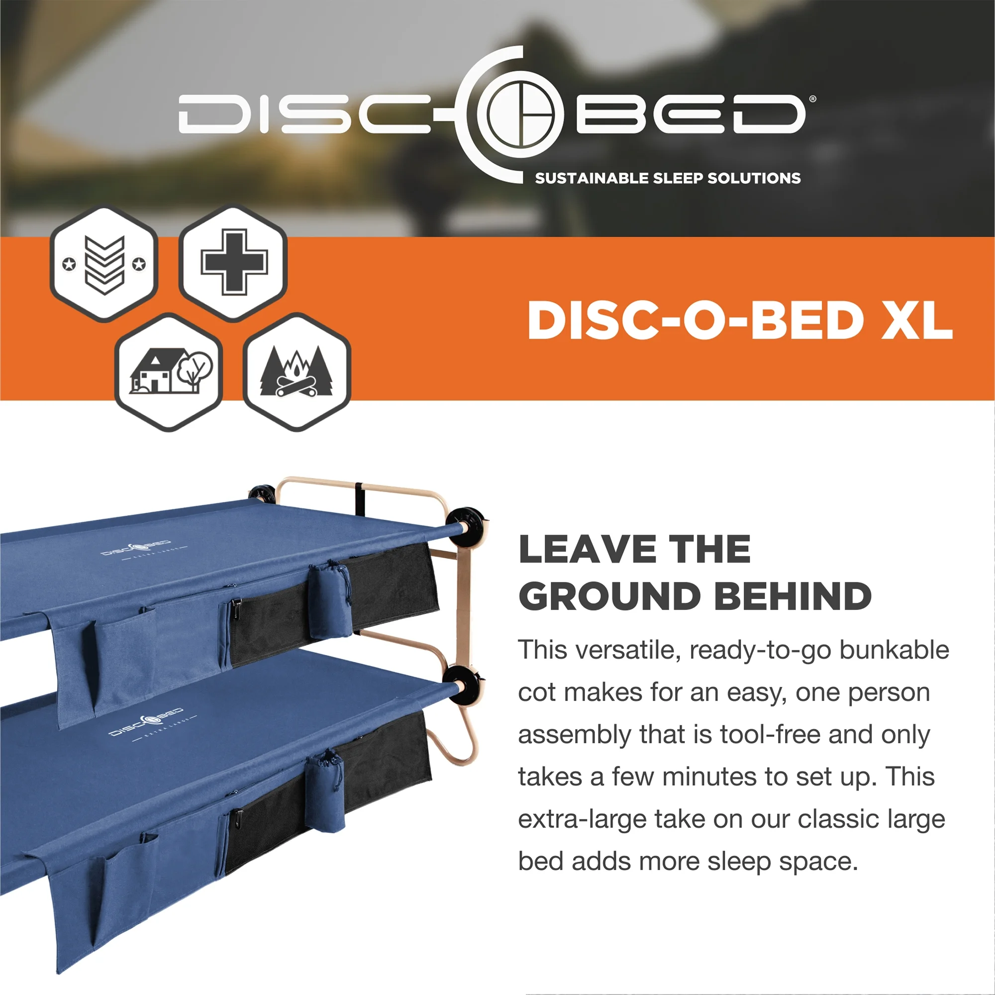 Disc-O-Bed XL Cam-O-Bunk Benchable Double Cot with Storage Organizers, Navy