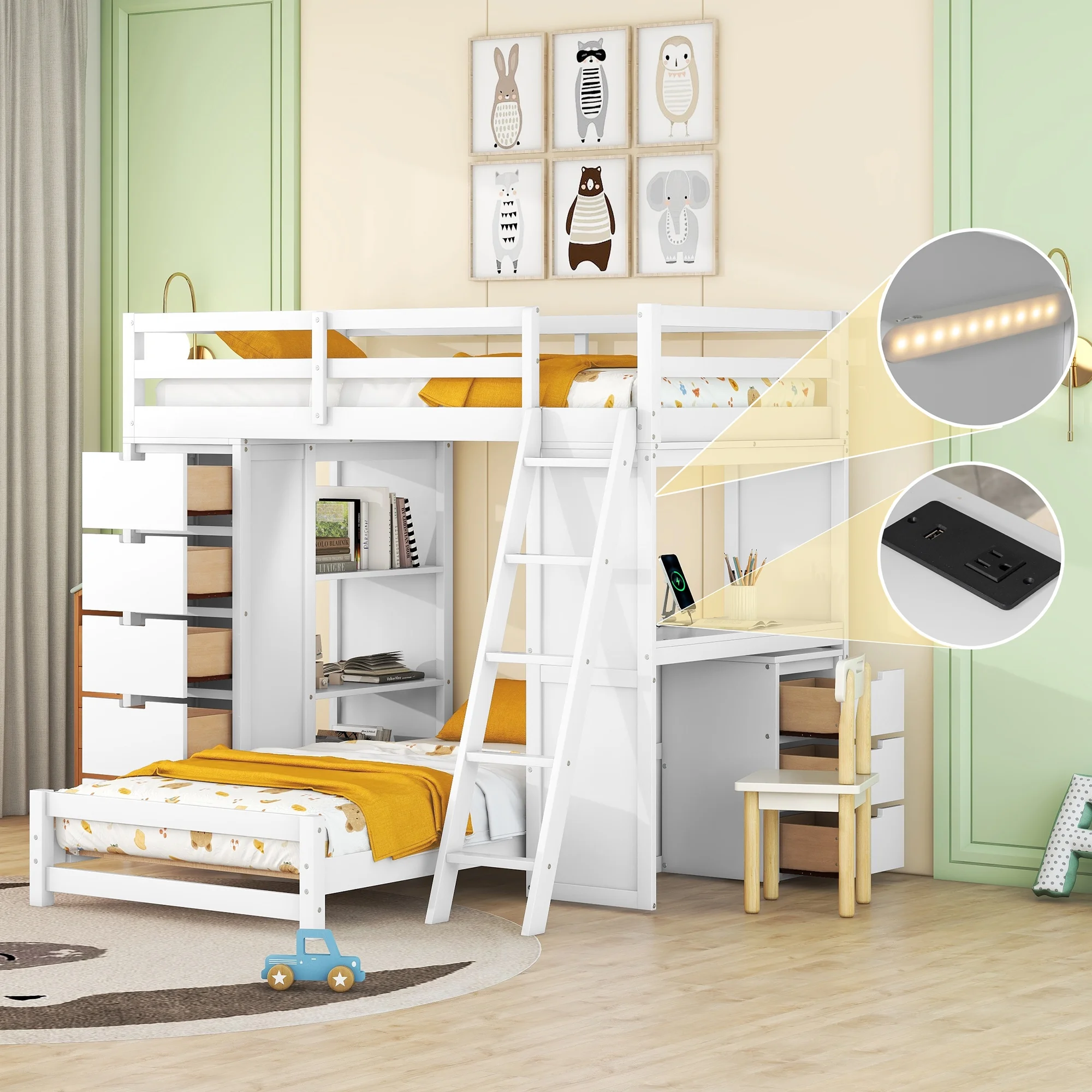 Churanty Twin Over Twin Separable Bunk Beds with Desk and Drawers, Wood L-Shape Bunk Bed Frame with USB Ports and LED Ligh for Kids Teens,White