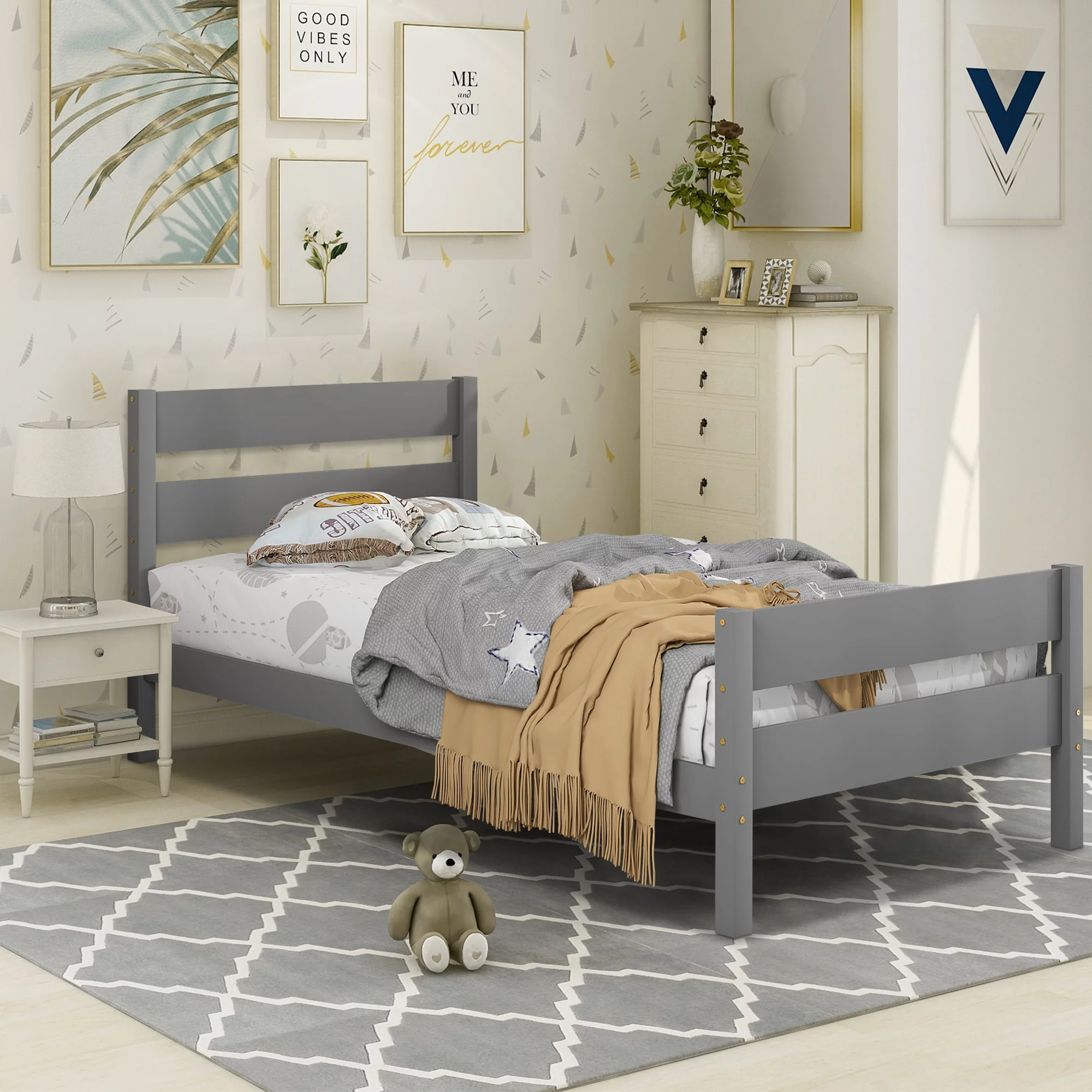 iRerts Twin Size Wood Platform Bed Frame with Headboard, Solid Pine Wood Kids Bed Frame w/ Strong Slat Support, Gray