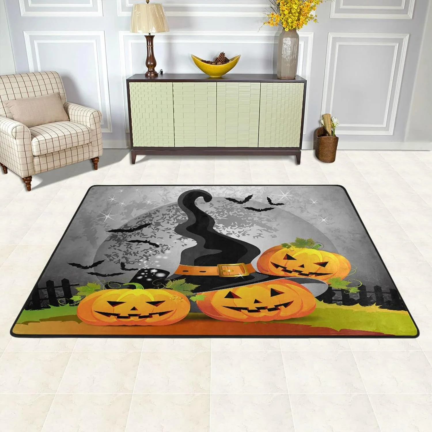 SKYSONIC 72×48in Halloween Pumpkins Area Rug, Full Moon Bats Non-Slip Floor Carpet Comfort Floor Mats Decor for Indoor Living Dining Room and Bedroom Area