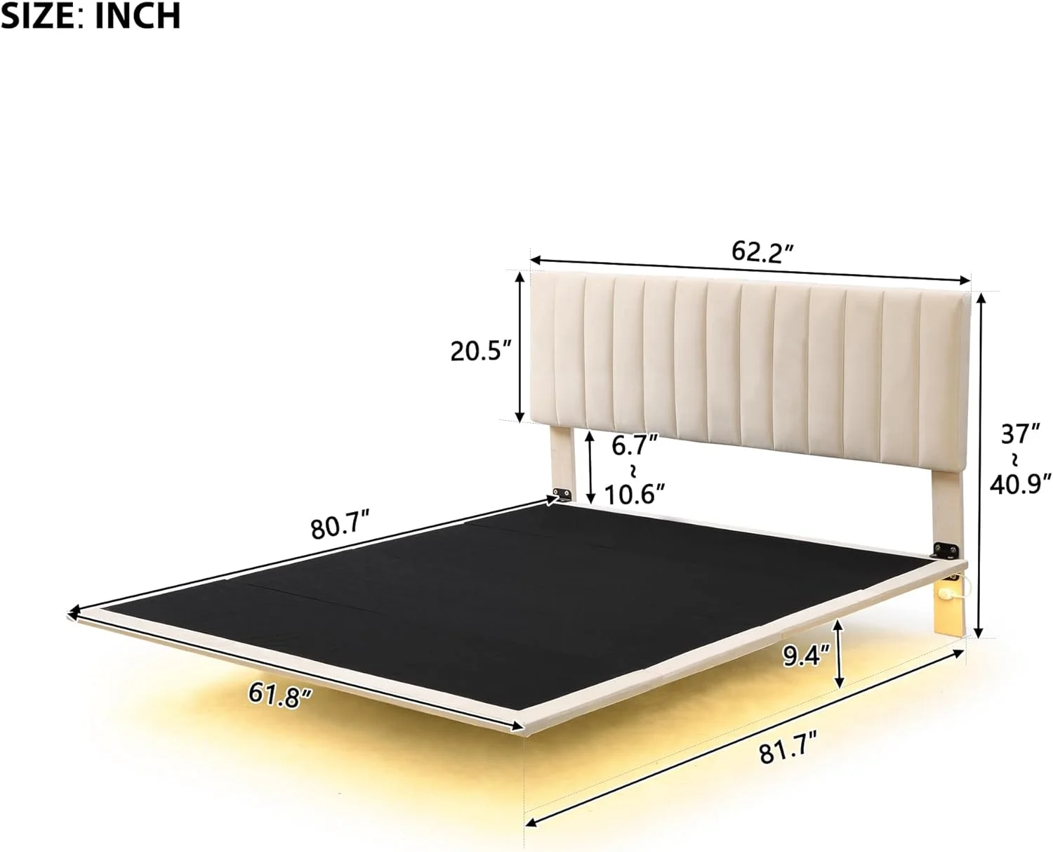 Upholsered Floaig Bed Frame,Smar LED Bed Frame Wih Sesor Ligh Ad Headboard, Moder Velve Floaig Bed For Girls Boys ees Aduls, Beige