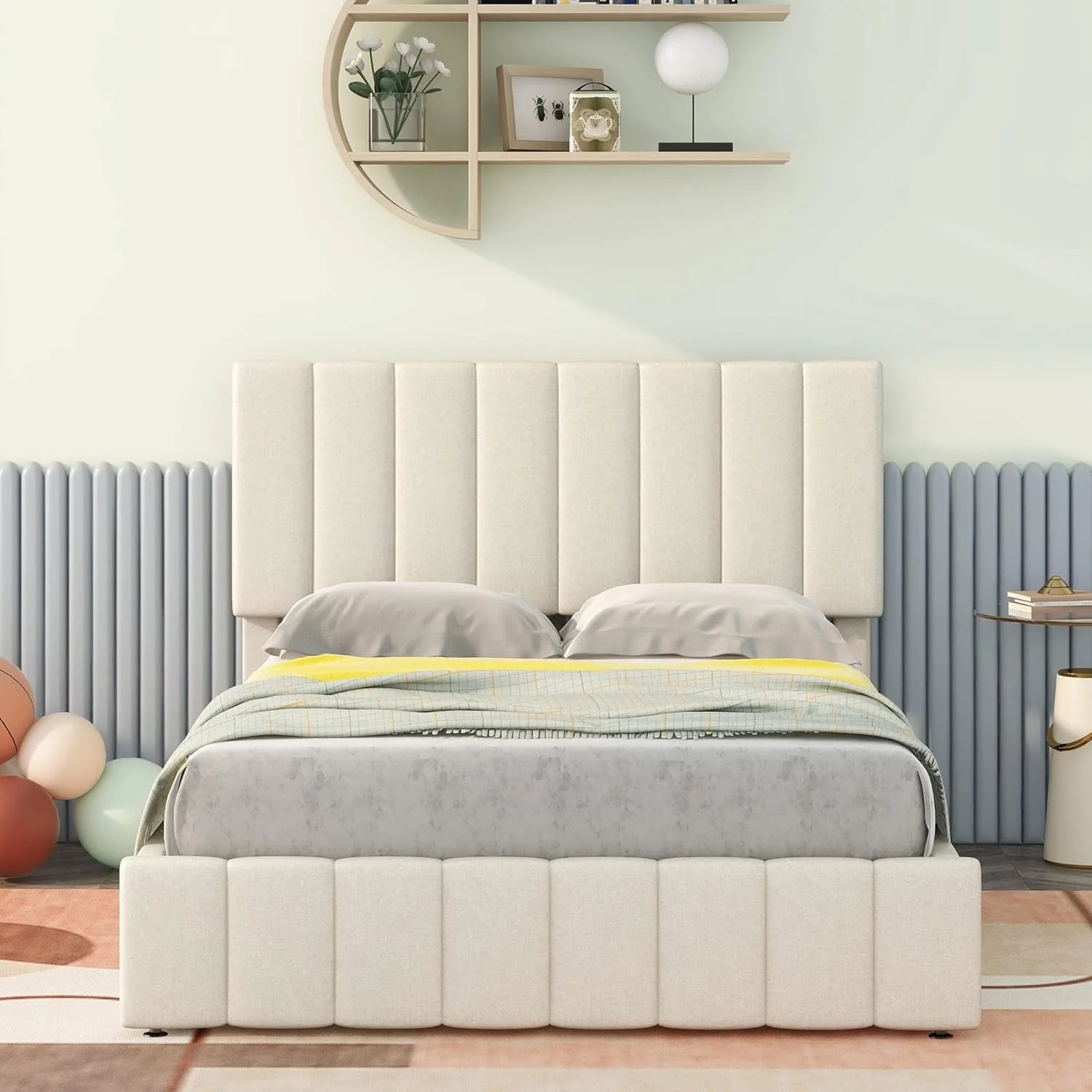 Upholstered Full Bed Frame With Storage Underneath, Full Size Platform Bed Frame With A Hydraulic Storage System, Wood Full Size Bed Frame With Headboard And Wood Slats,Beige