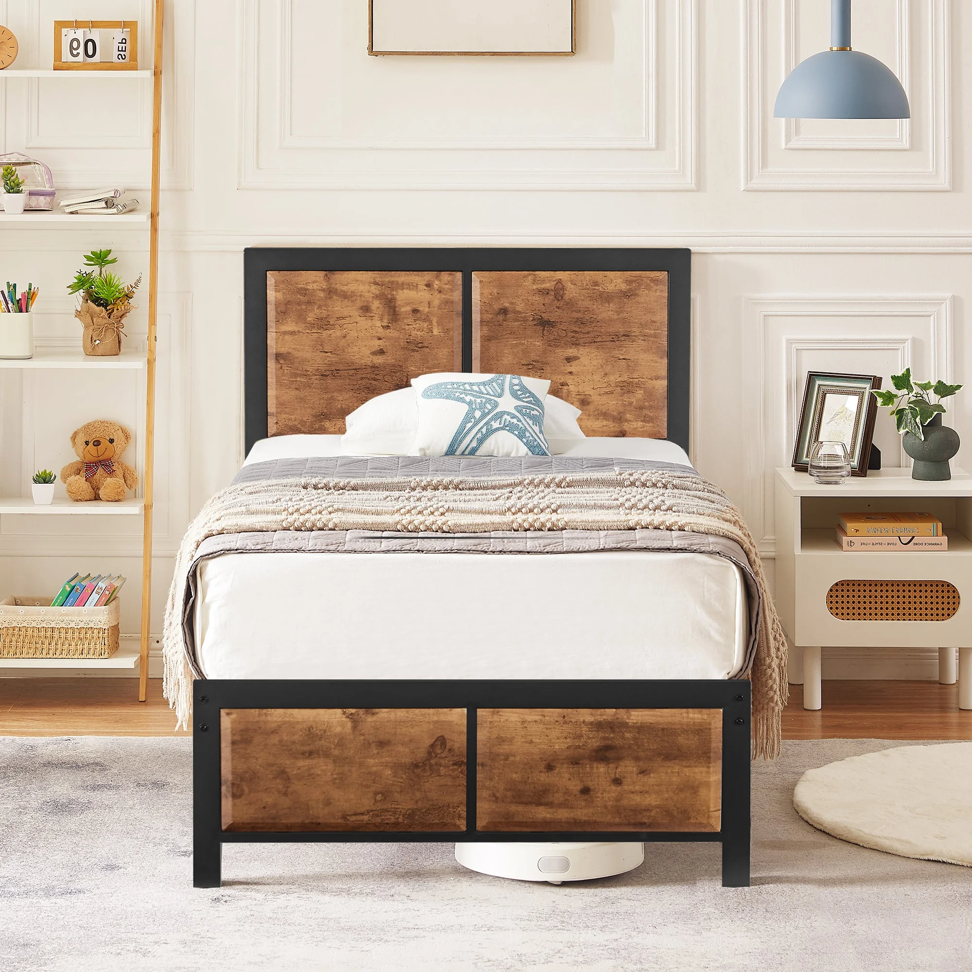 VECELO 3-Piece Bedroom Set, Twin Platform Bed Frame with Wood Headboard, Nightstand Set of 2 with 1-Drawer and Open Storage Space, Brown