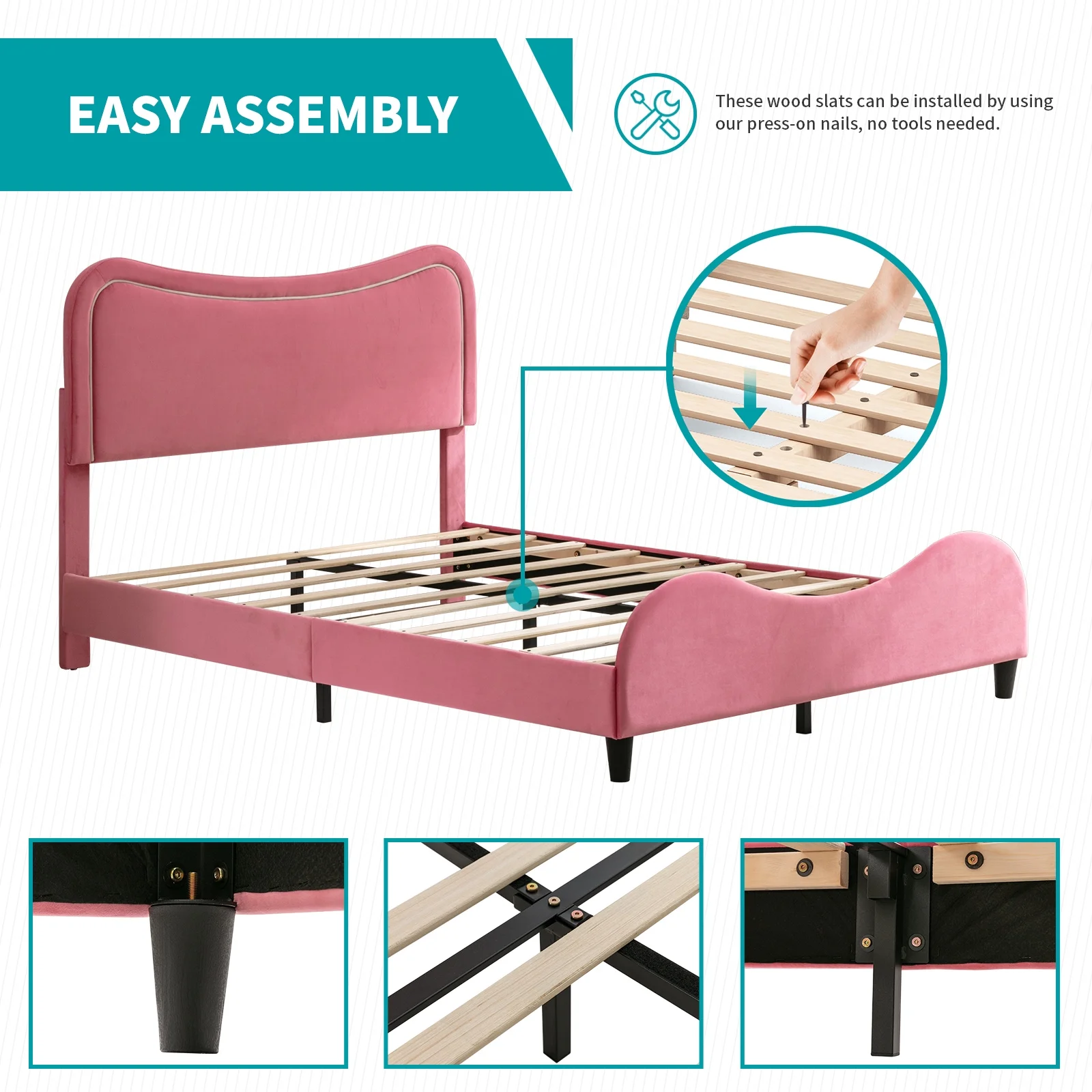 BALUS Twin Bed Frames for Kids, Wood Upholstered Twin Bed Platform with Slat Support, Padded Headboard&Footboard, No Box Spring Needed, Easy Assembly, Fits Standard Twin Mattress, Pink