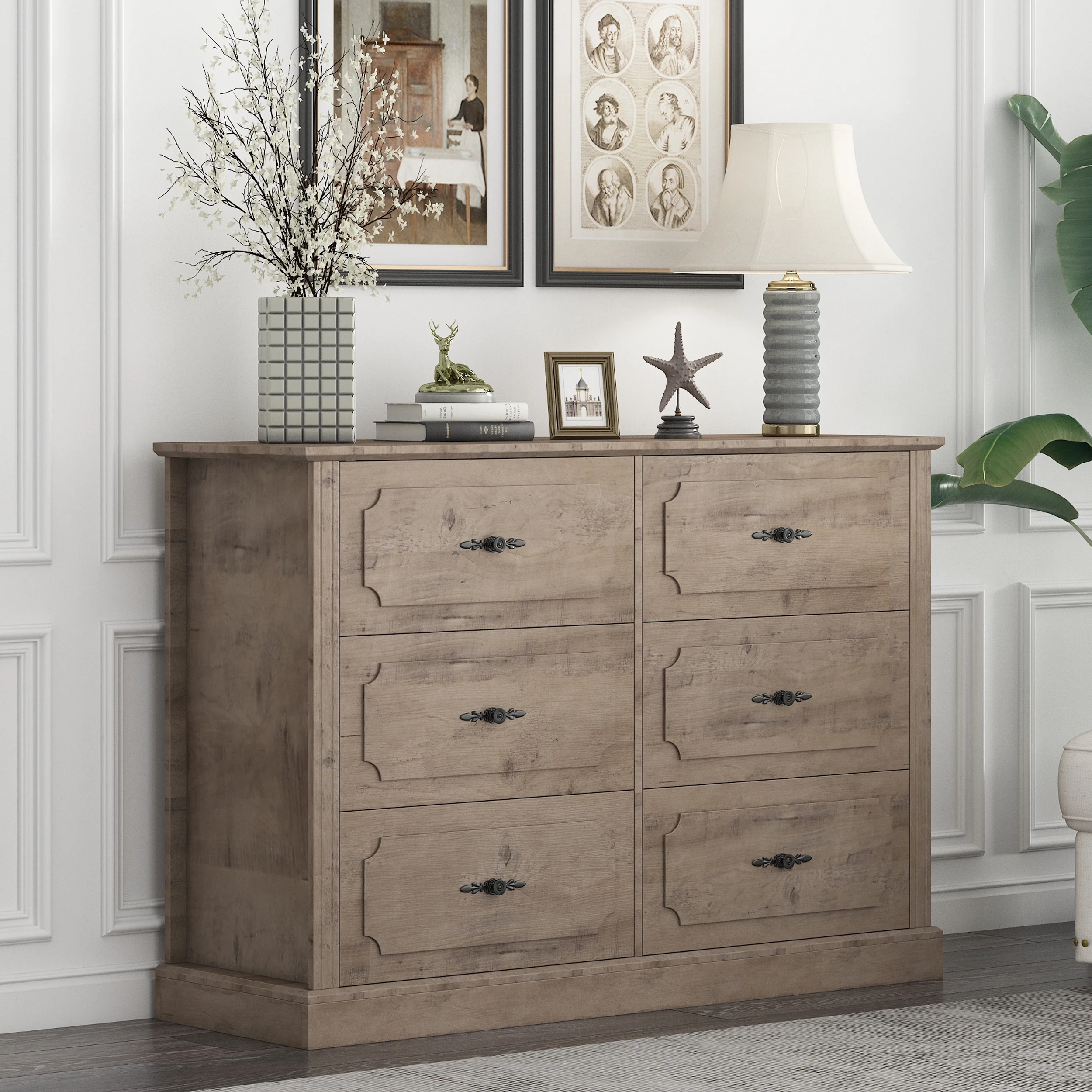Homfa 6 Drawer Double Bedroom Dresser, Vintage Wood Storage Cabinet Large Drawer Chest for Living Room, Easy to Clean Top, Wash Gray