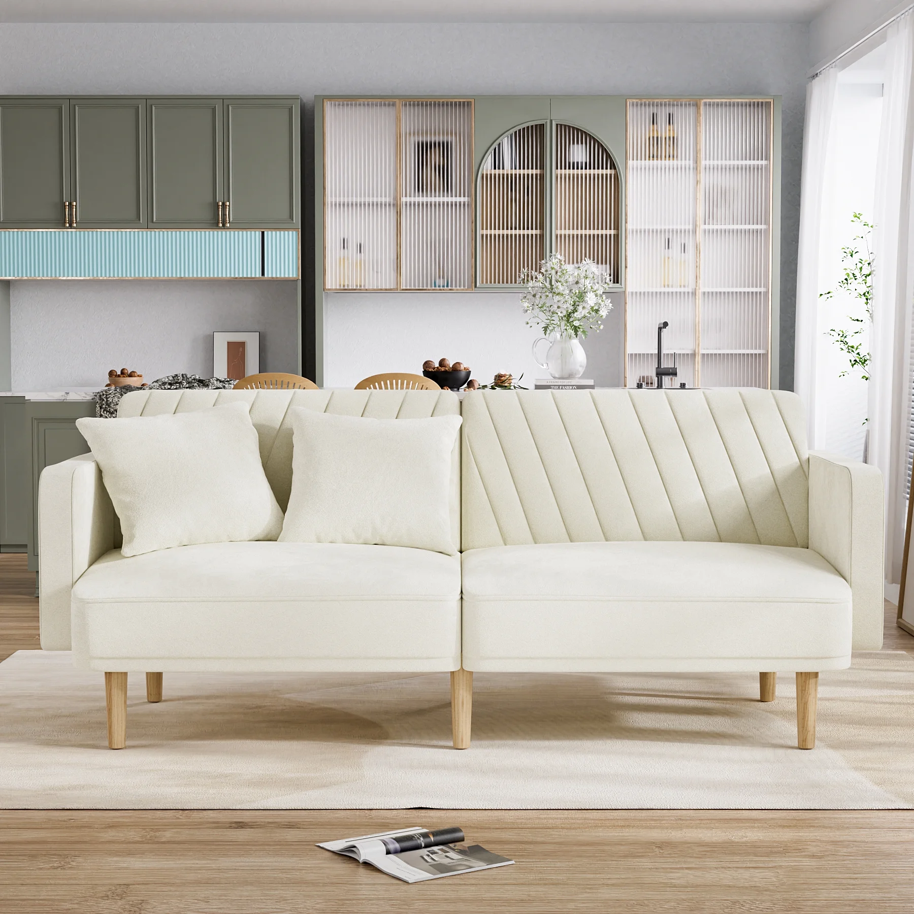 Ouyessir Velvet Futon Sofa Bed,Modern Convertible Futon Couch with 2 Pillows and Wooden Legs,3 Adjustable Angles Backrest,Upholstered Sleeper Sofa for Living Room Apartment Small Space