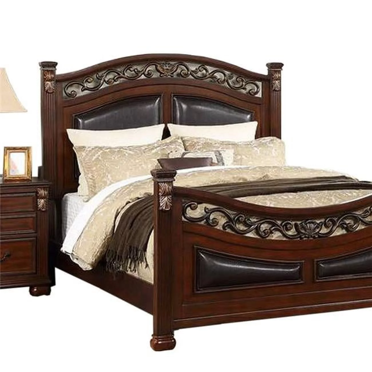 Benjara Miri California King Bed, Carved Details, Faux Leather Upholstery, Cherry