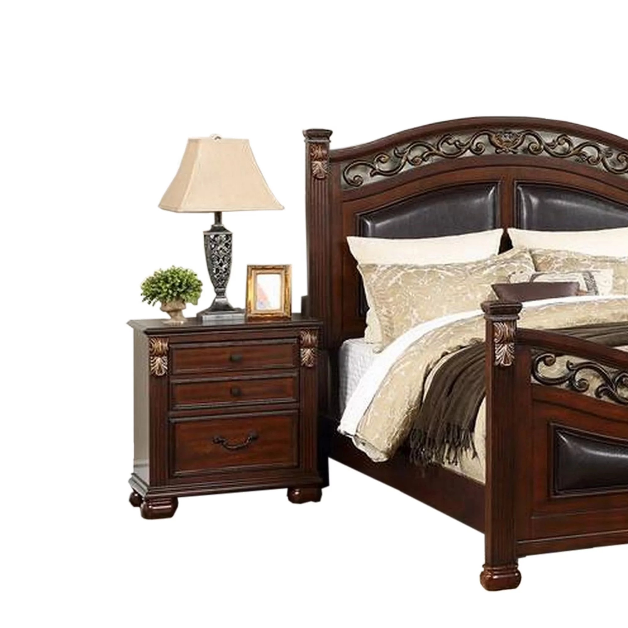 Benjara Miri California King Bed, Carved Details, Faux Leather Upholstery, Cherry