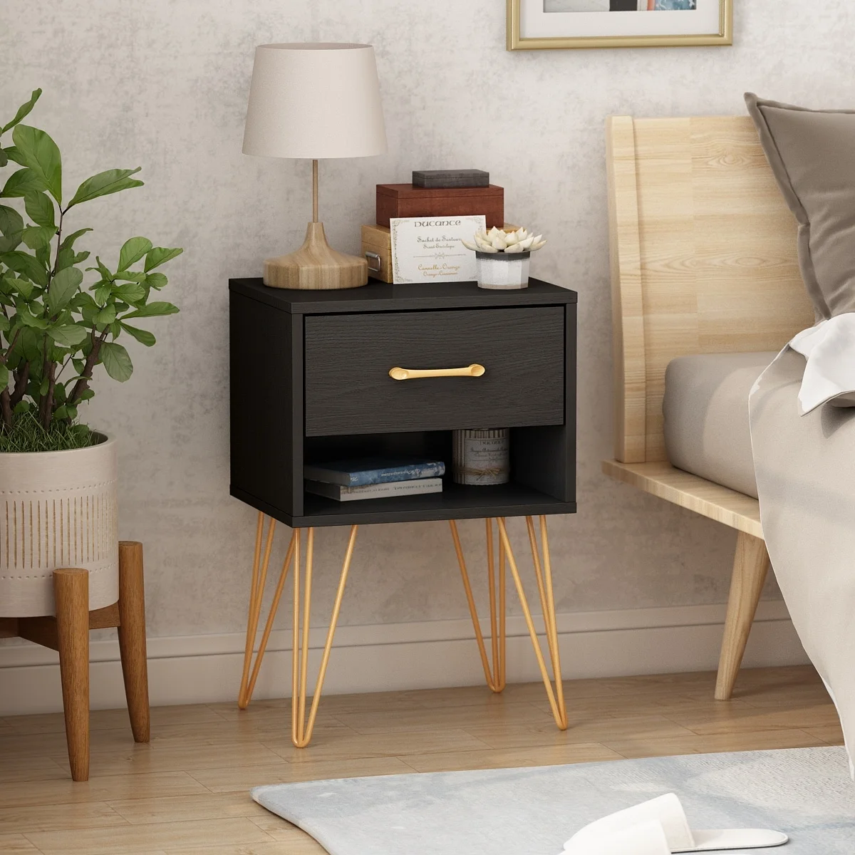 TQ Timechee 23.6'' Tall 1 - Drawer Wood Nightstand Metal Legs(1 Piece) Black