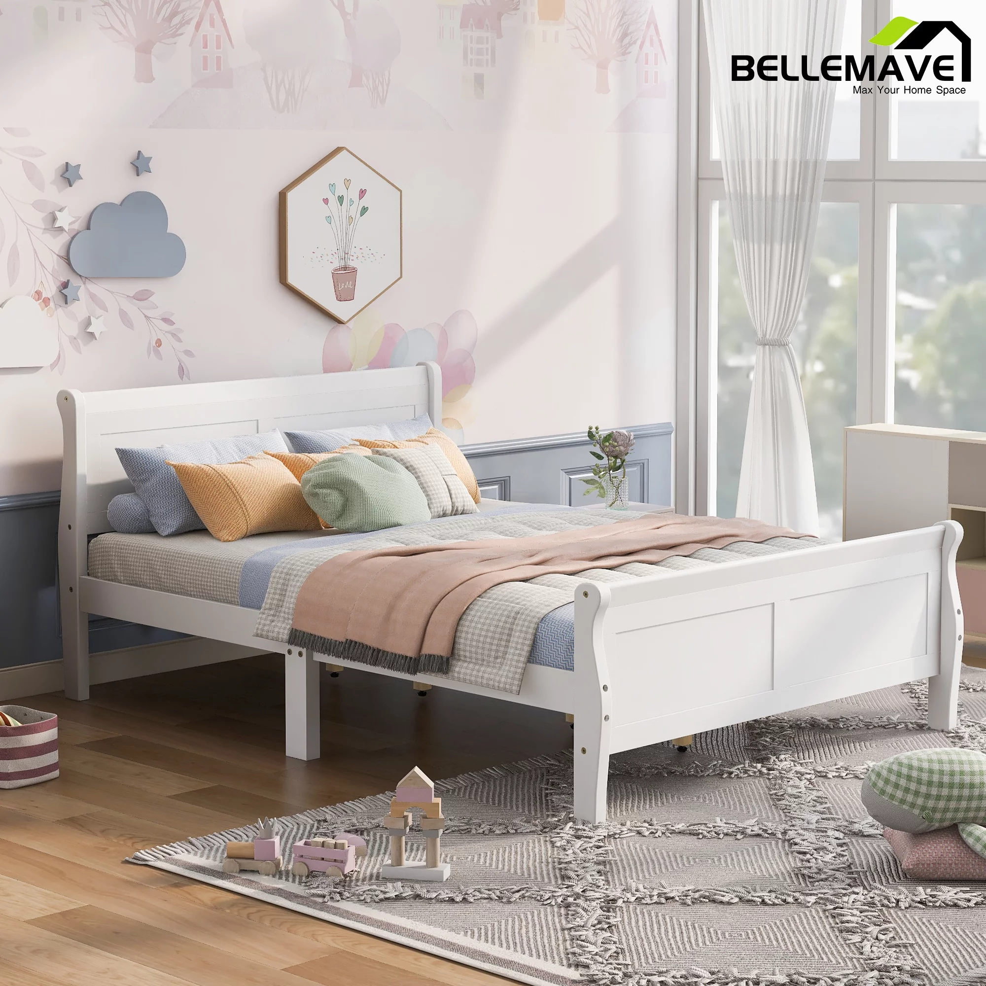 Queen Size Bed Frame with Headboard and Footboard, Kids Platform Bed Frame Queen Size, Modern Platform Bed Frame for Kids, Girls, Boys(White)