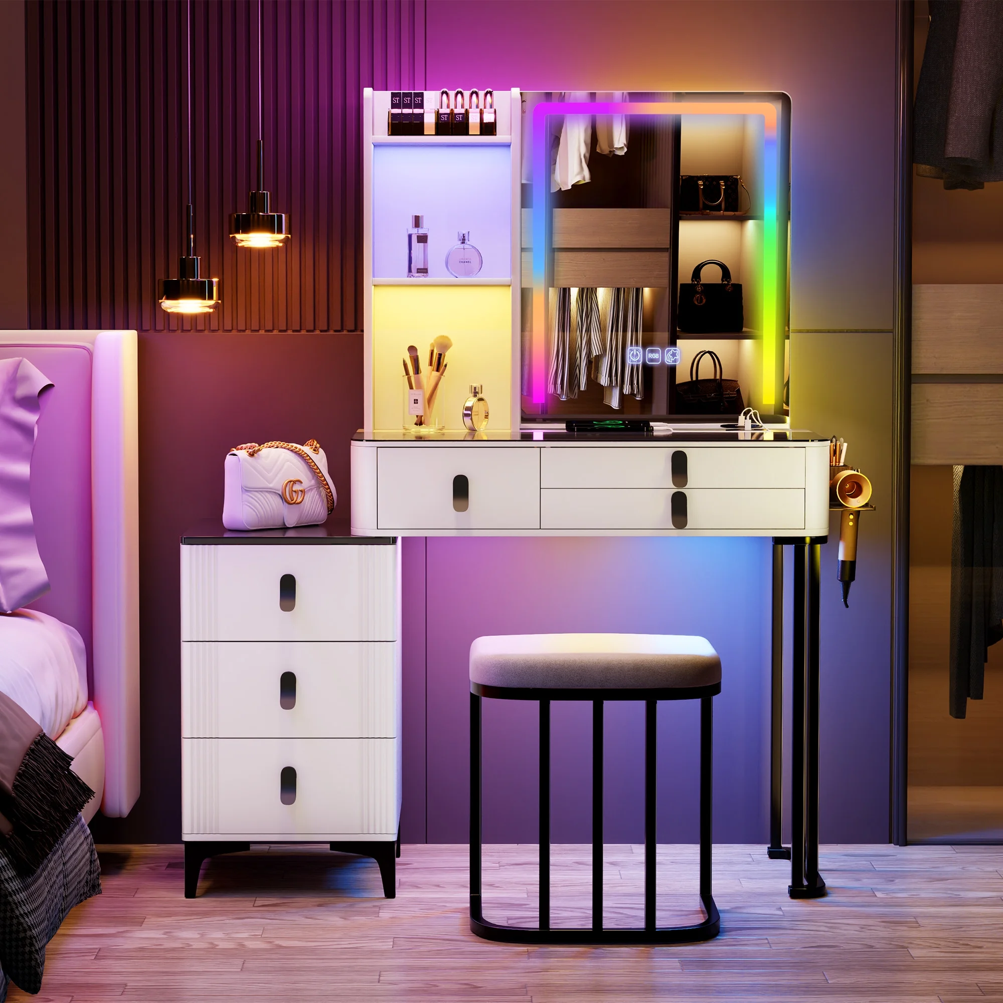 FREDEES Glass Desktop Vanity Desk Set with Mirror and Lights, Dressing Table Set with Chair, White