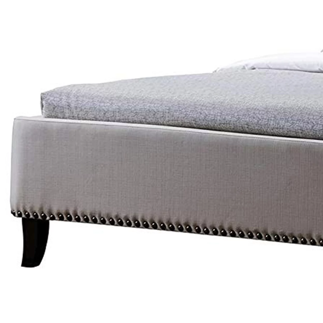 Fabric Upholstered Wooden Queen Sized Bed with Tufted Headboard and Nail Head Trim, Cream- Saltoro Sherpi