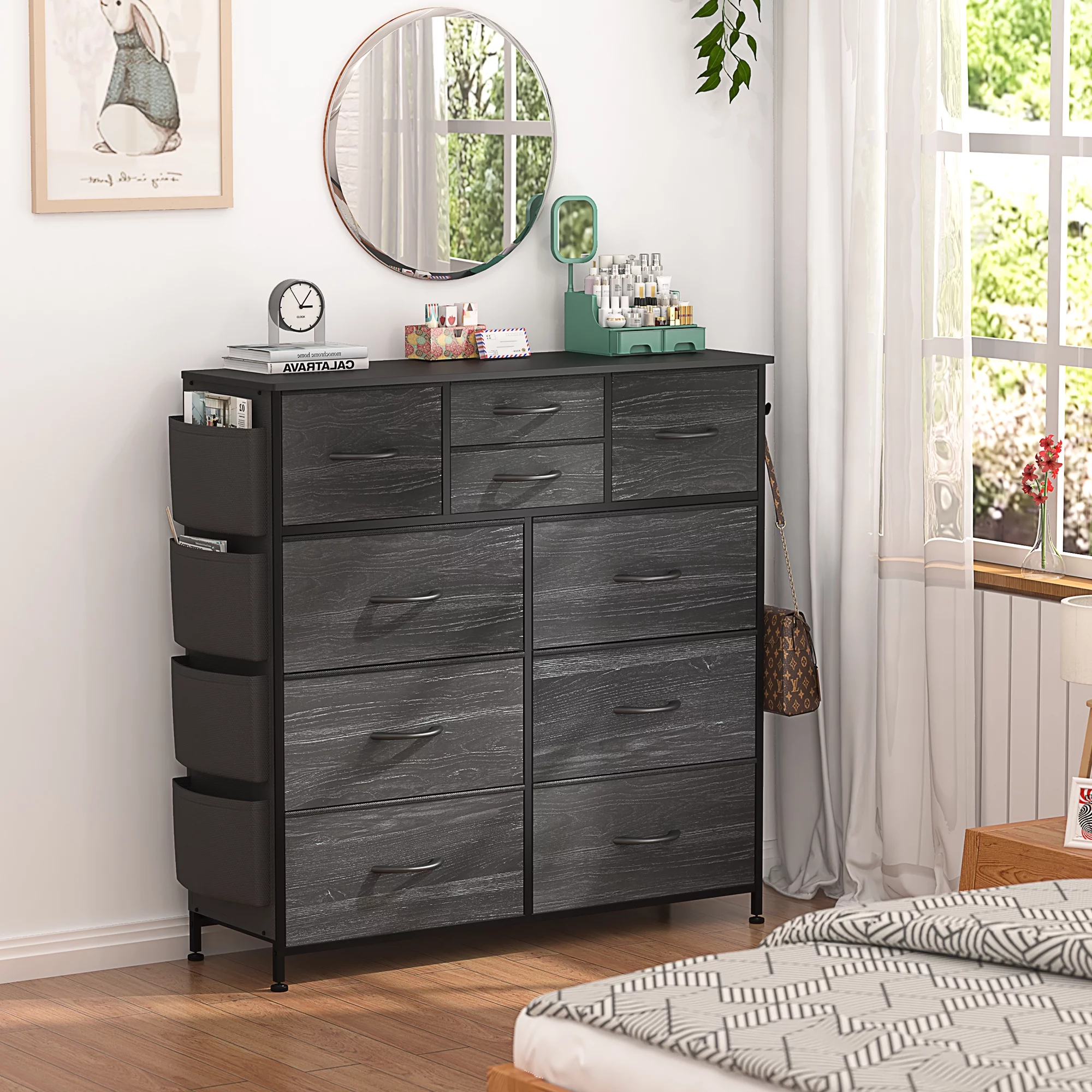 GIKPAL Black Dresser for Bedroom, Chest of 10 Drawers Dresser Fabric Dressers for Kids Adult with Storage Organizer Unit Wood Top Hooks and Side Pockets