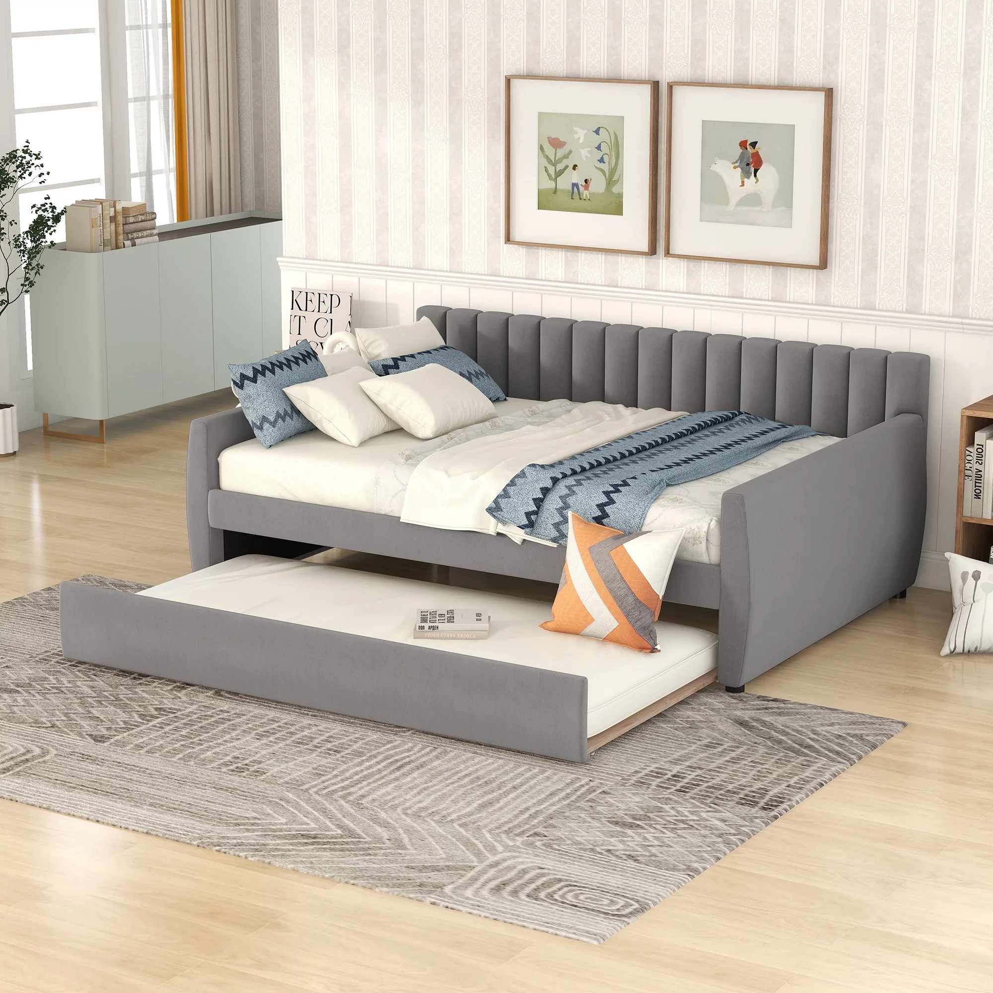 Momspeace Full Size Upholstered Daybed with 2 Drawers for Bedroom Living Room Daybed Frame No Box Springs Need - Gray