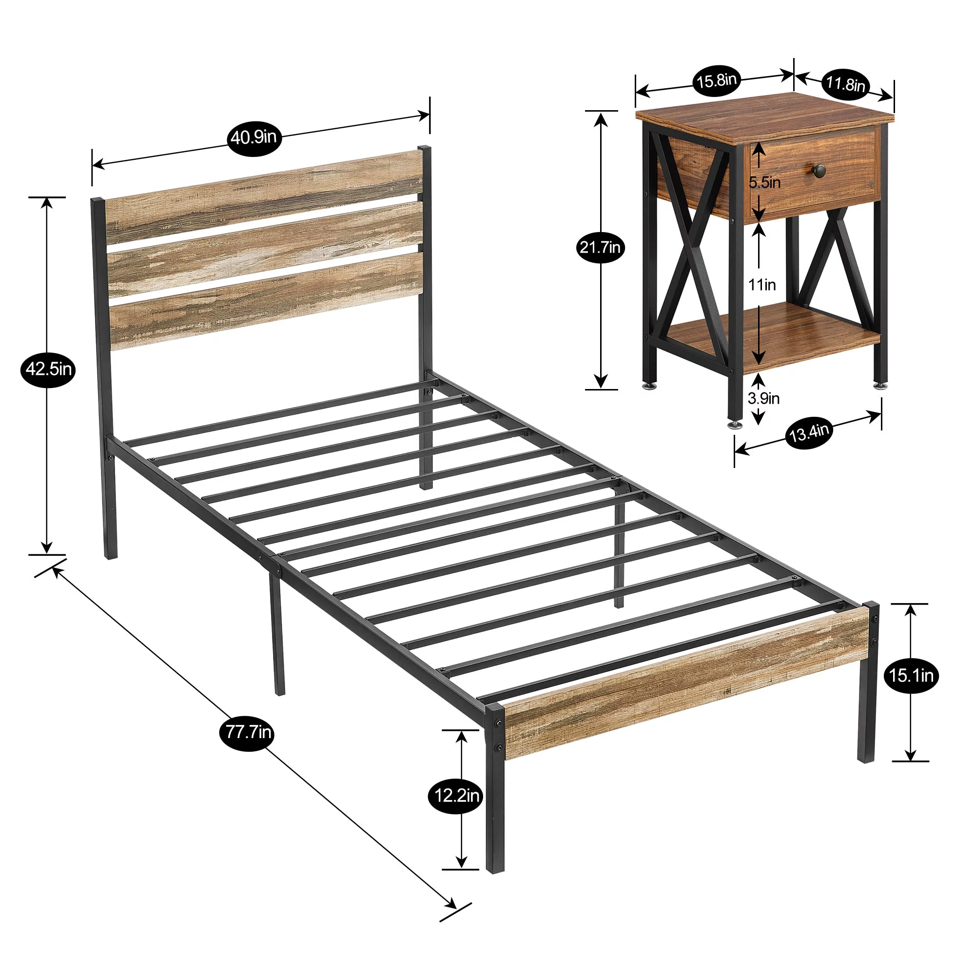 VECELO 3-piece Bedroom Set Include Twin Bed Frame with 2 Nightstands, Slate&Brown