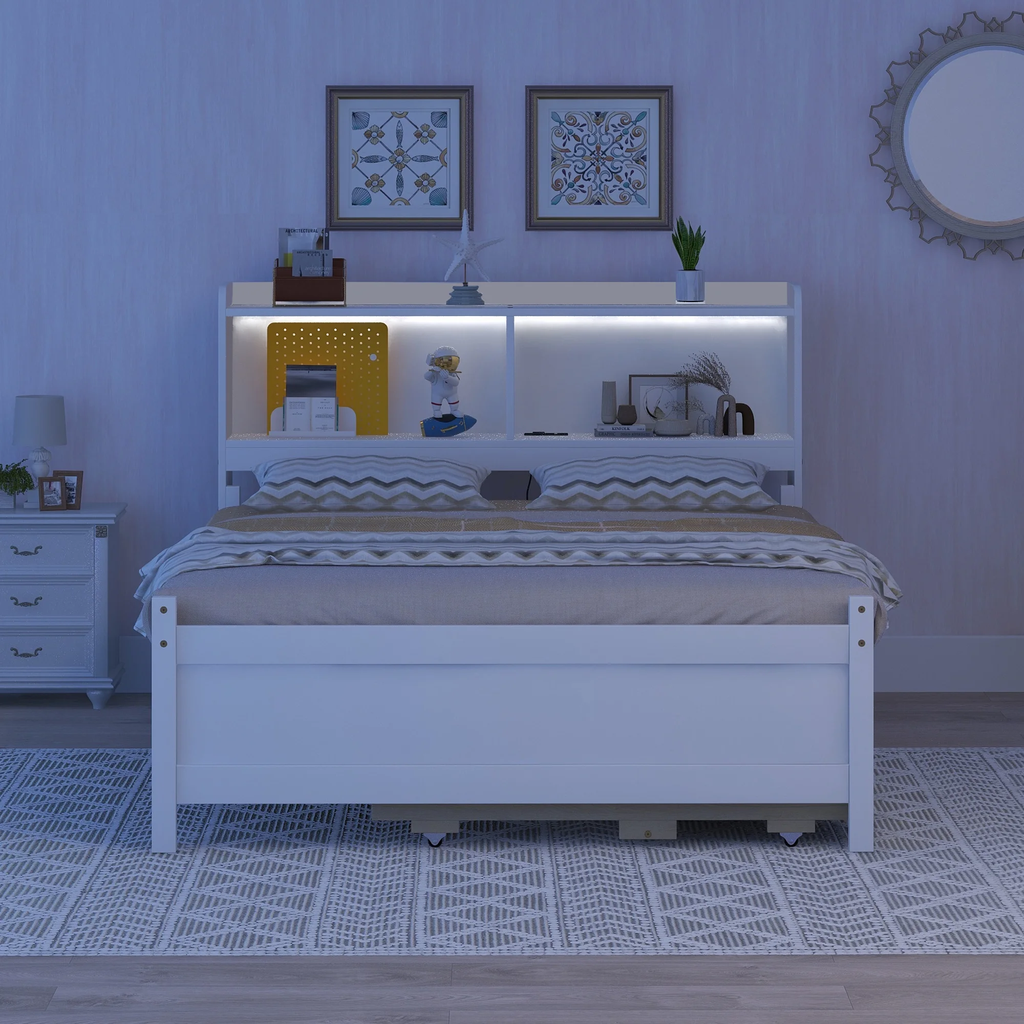 CoSoTower Full Size Bed with USB & Type-C Ports, LED Light, Bookcase Headboard, Trundle and 3 Storage Drawers , Full Size Size Bed with Bookcase Headboard, Trundle and Storage Drawers ,White