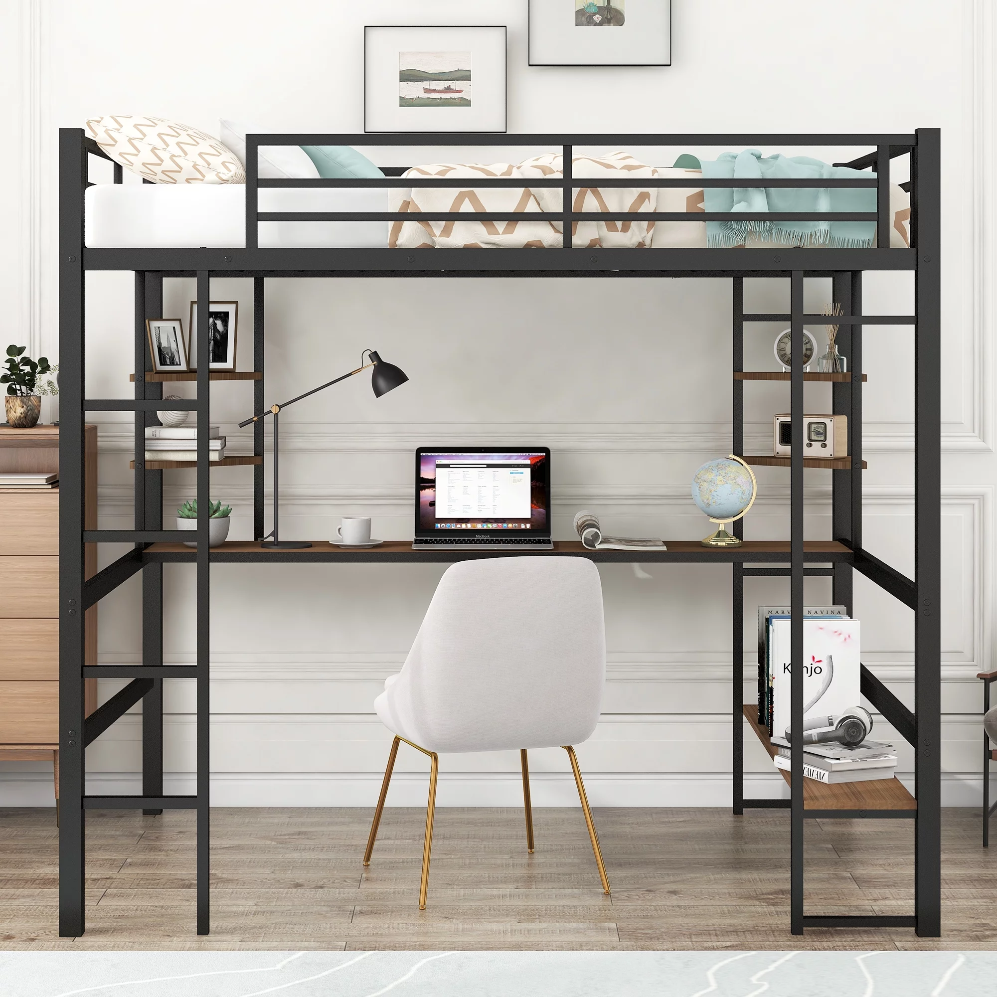 Euroco Full Size Metal Loft Bed with Black MDF Study Desk and Shelves