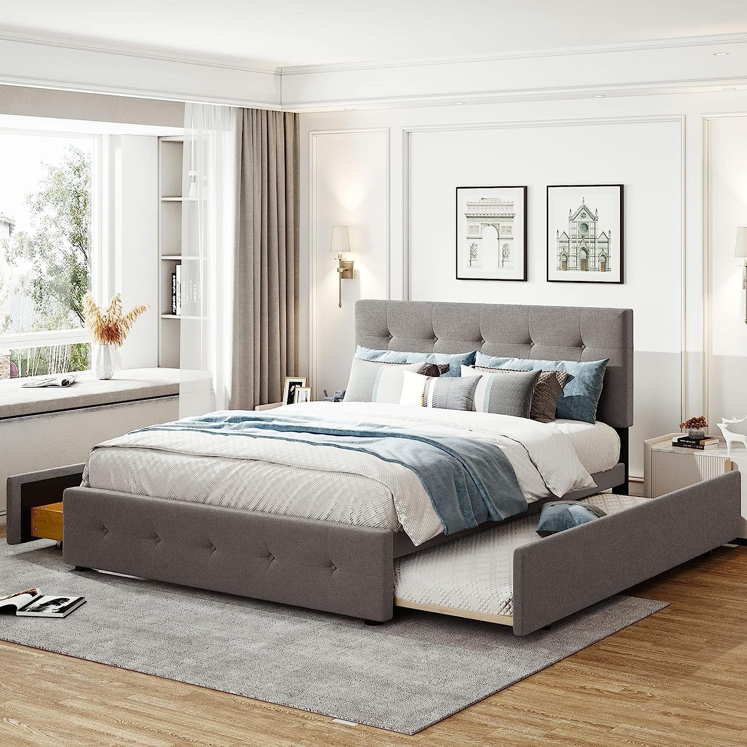 Upholstered Queen Size Platform Bed With 2 Storage Drawers And 1 XL Trundle, Wood Queen Storage Bed With Linen Fabric For Bedroom Guestroom (Queen,Light Gray)