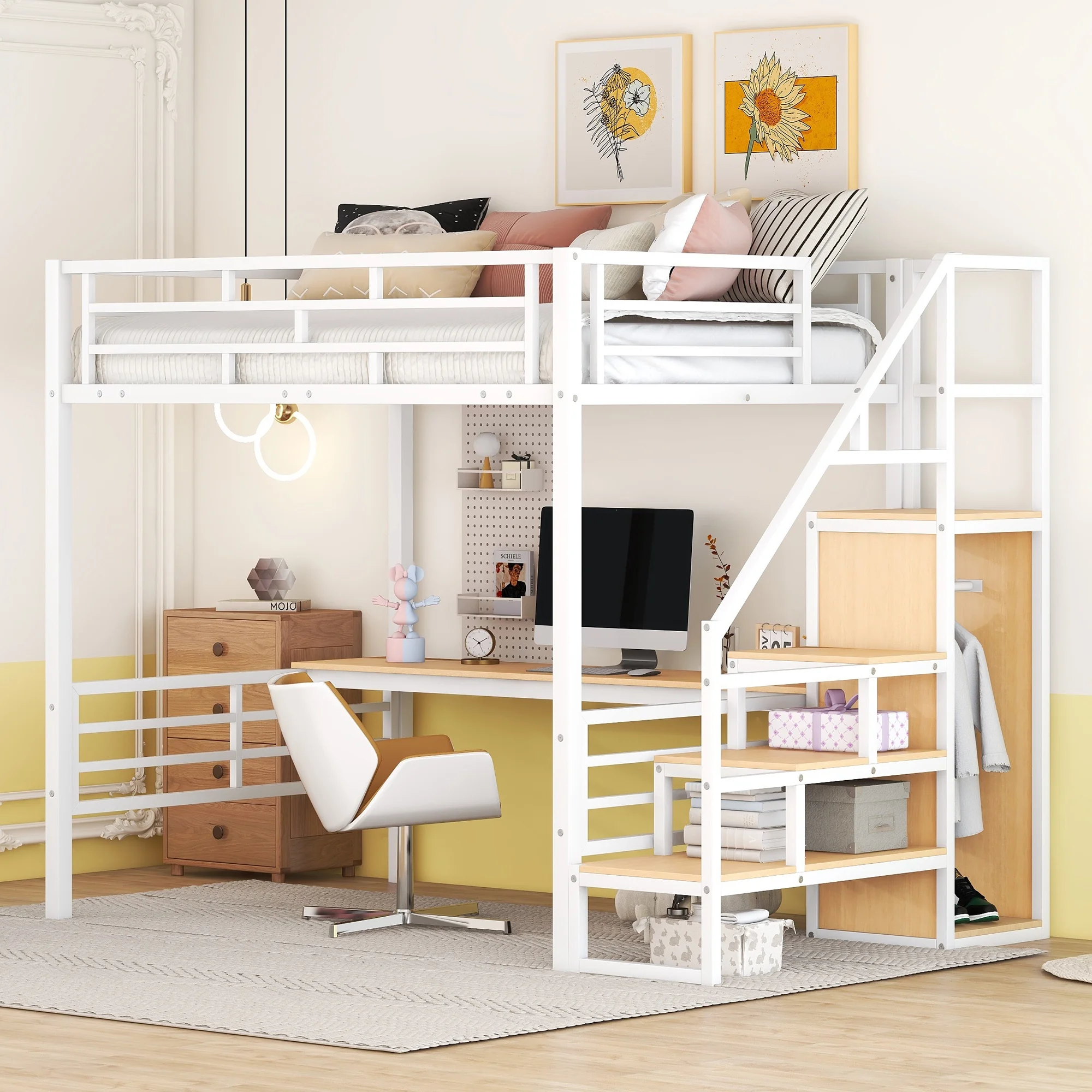 Aukfa Full Size Metal Loft Bed with Desk and Wardrobe, Staircase Loft Bed for Kids Teens - White