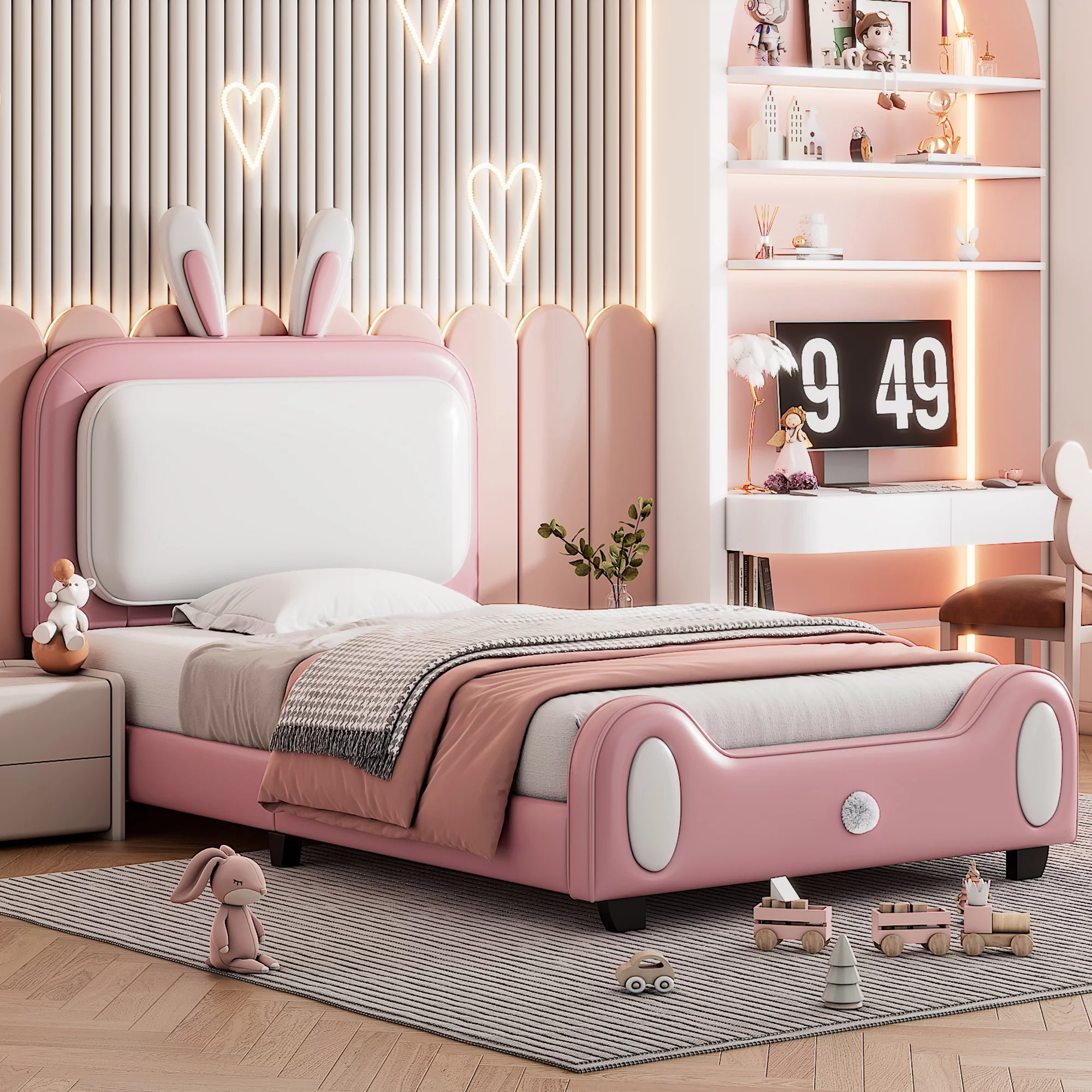 Bellemave Twin PU Leather Upholstered Platform Bed with Rabbit Style Headboard Lovely Princess Bed Twin Wood Bed Frame Low Toddler Upholstered Bed for Girls, Pink + White