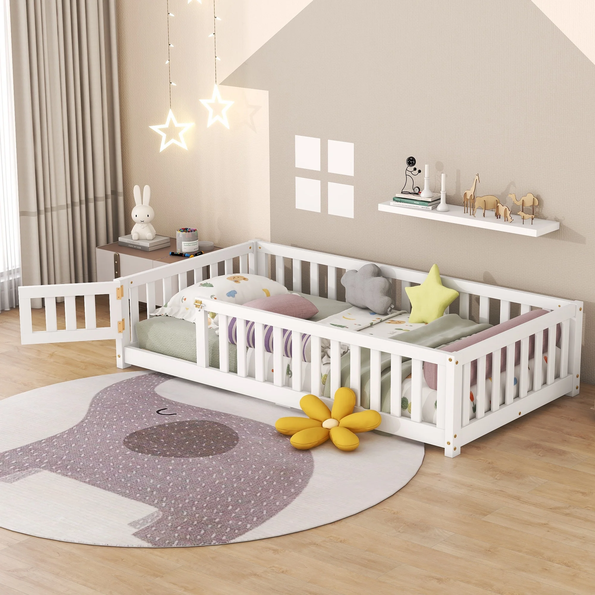 ONME Twin Size Bed Floor Bed with Safety Guardrails and Door for Kids, White