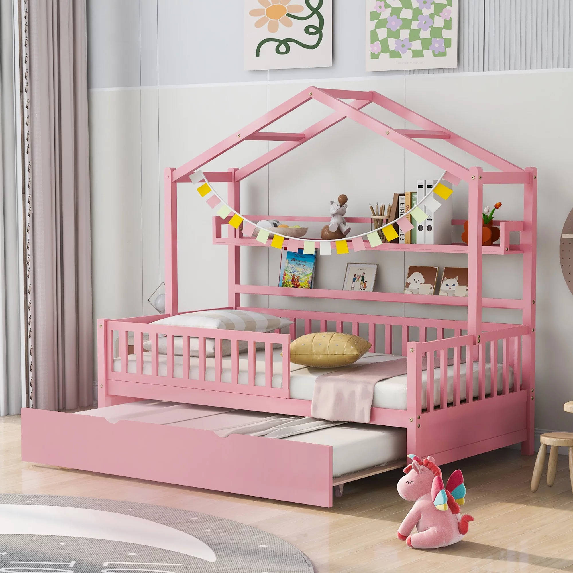 Docooler Pink Wooden Twin Size House Bed with Trundle, Kids Bed with Shelf Perfect for Playful Bedrooms