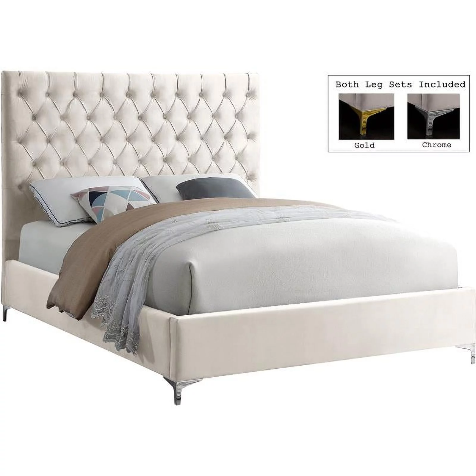 Meridian Furniture Cruz Contemporary Wood Tufted Platform Bed, Full, Cream/Gold