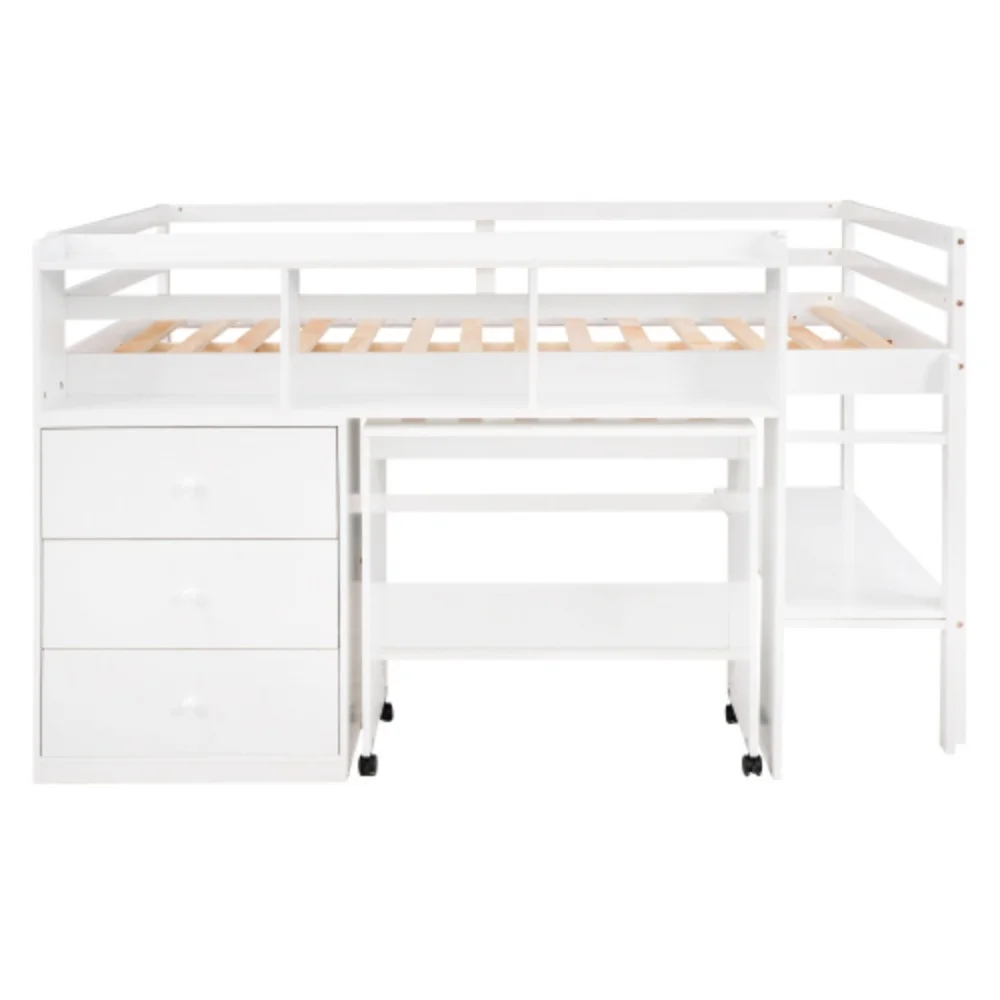 Full Size Low Loft Bed with Rolling Portable Desk, Drawers and Shelves, White White + Pine + Bedroom + Full + Box Spring Not Required + Wood