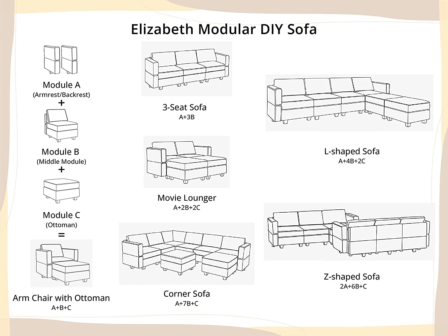 Naomi Home Modular Sofa Middle Module with Storage Accent Armless Chair for Modular Sofa Customizable Sectional Sofa Couch Accent Armless Chair, Linen, Gray