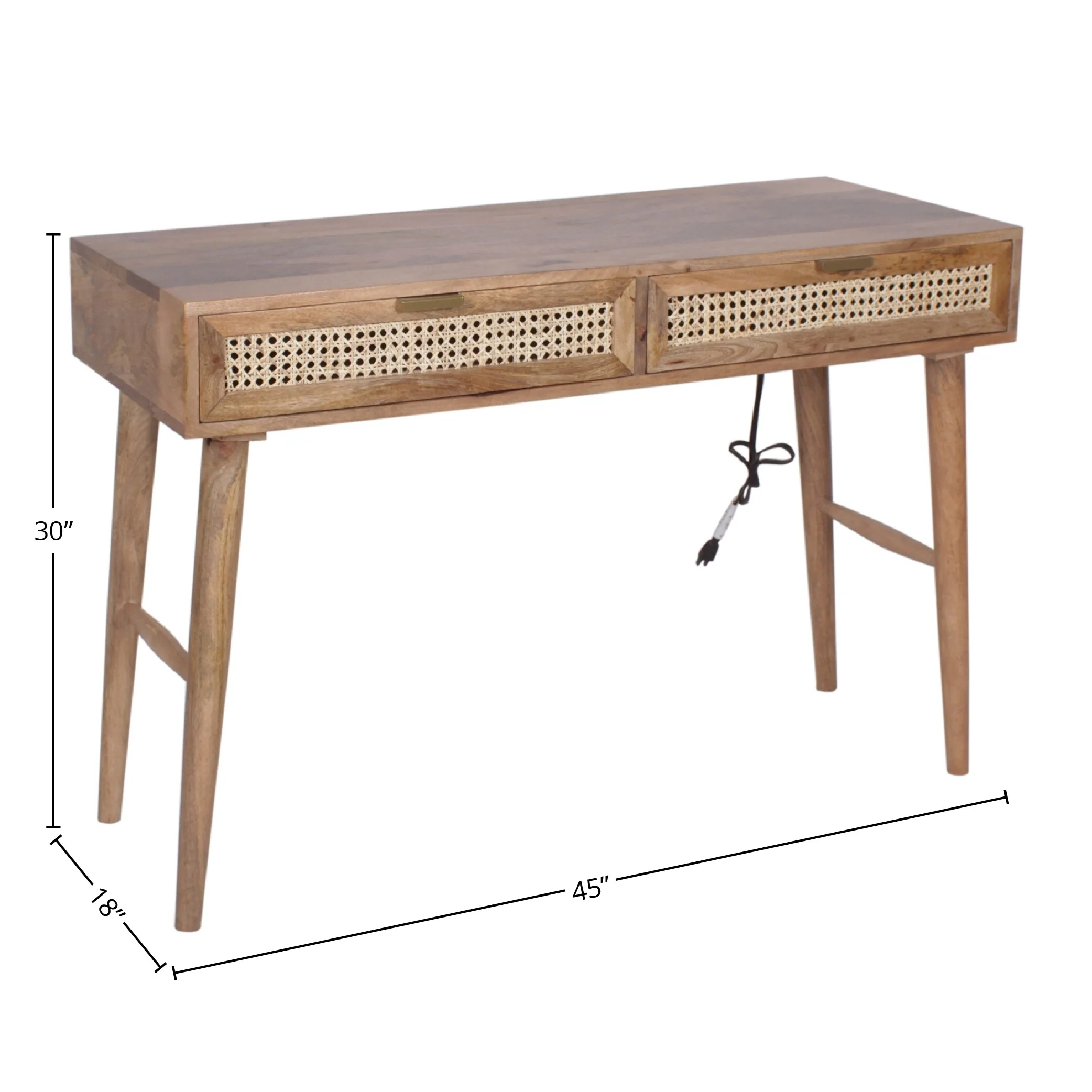 Casartis Living Ella Cane Solid Wood Desk w/ Built-in-Outlet in Black